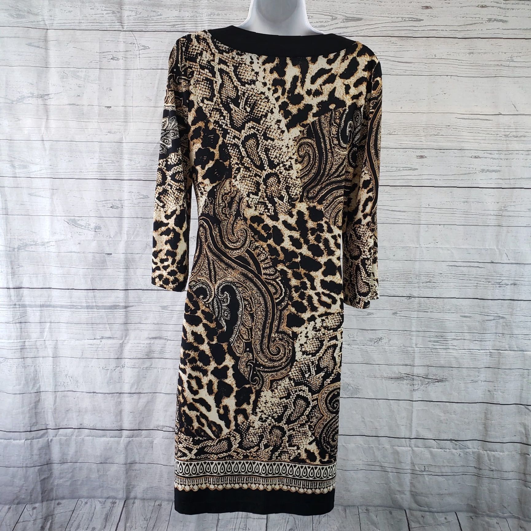 Vintage Chico's Womens Dress SZ Small Black Animal Print 3/4 Sleeve V-Neck Knee Length Shift Polyester Blend N/A Size S / US 4 / IT 40 - 4 Thumbnail