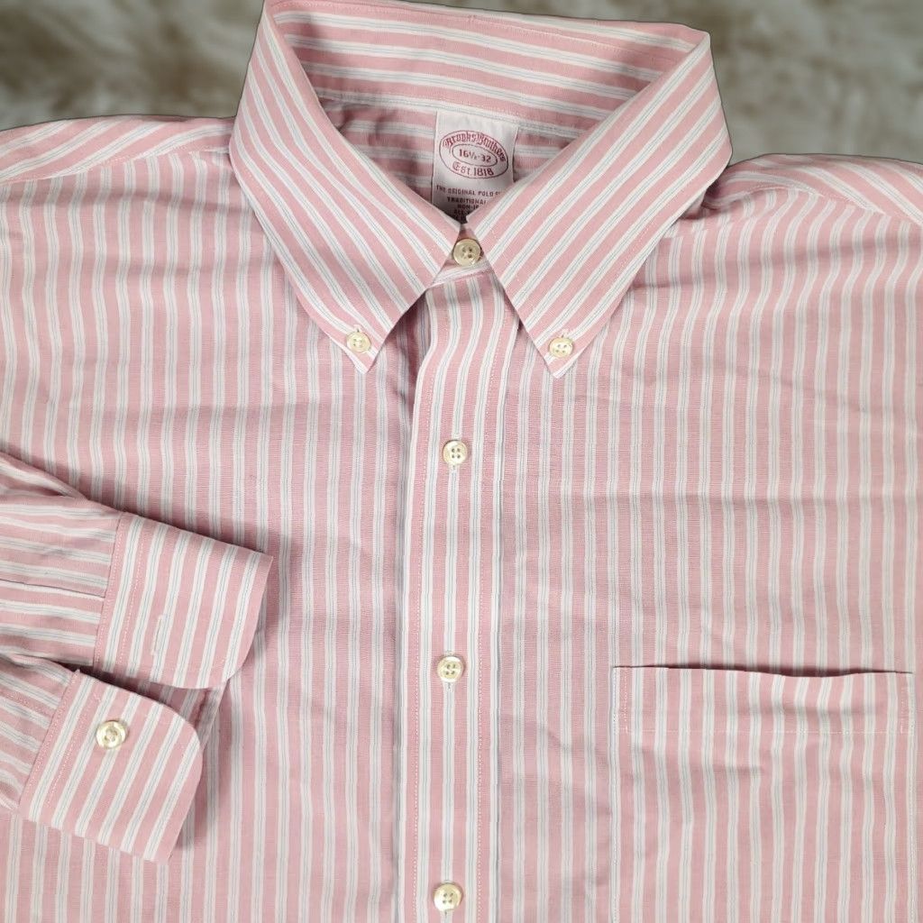 Brooks Brothers VINTAGE Brooks Brothers Dress Shirt Men 16.5 Pink Striped Long Sleeve Business Casual Size 42R - 1 Thumbnail
