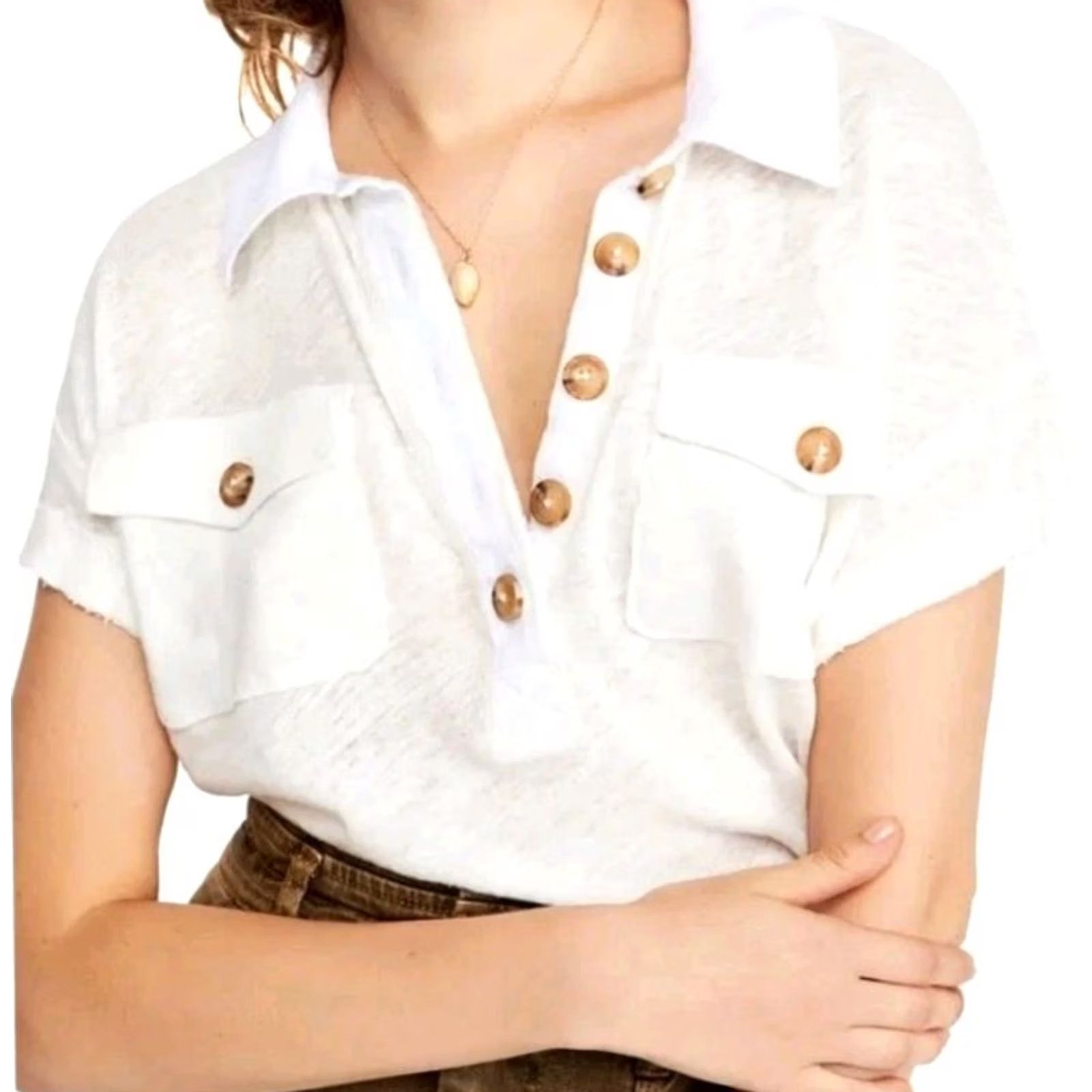 Free People Free People We The Free White Graceland Tee Polo Shirt M White Casual 90s Womens Size M / US 6-8 / IT 42-44 - 3 Thumbnail