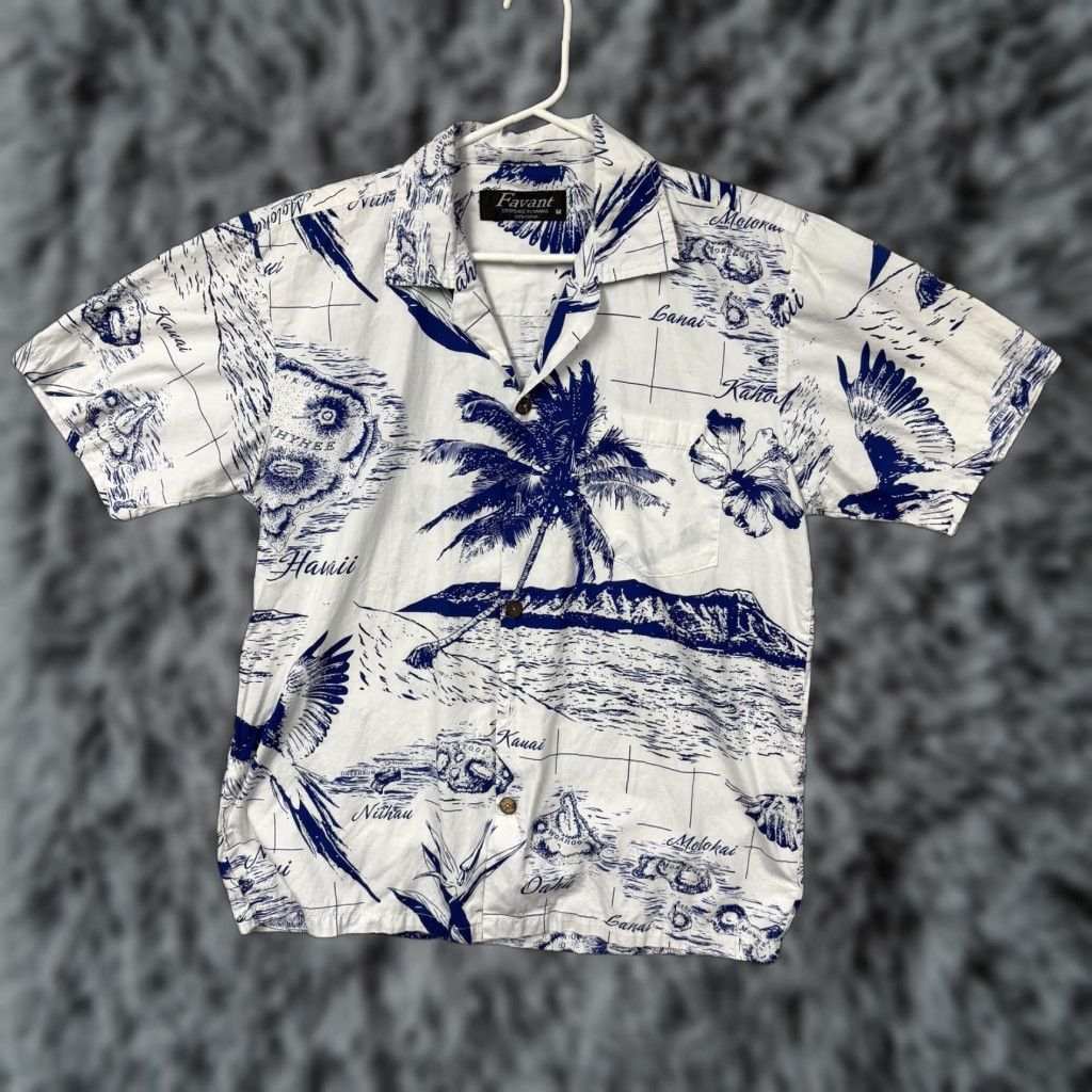 Vintage Favant Shirt Mens M Blue White Hawaiian Map Aloha Beach Summer Button-Up Short Sleeve Casual Tropic Graphic Print Cotton Size US M / EU 48-50 / 2 - 1 Thumbnail