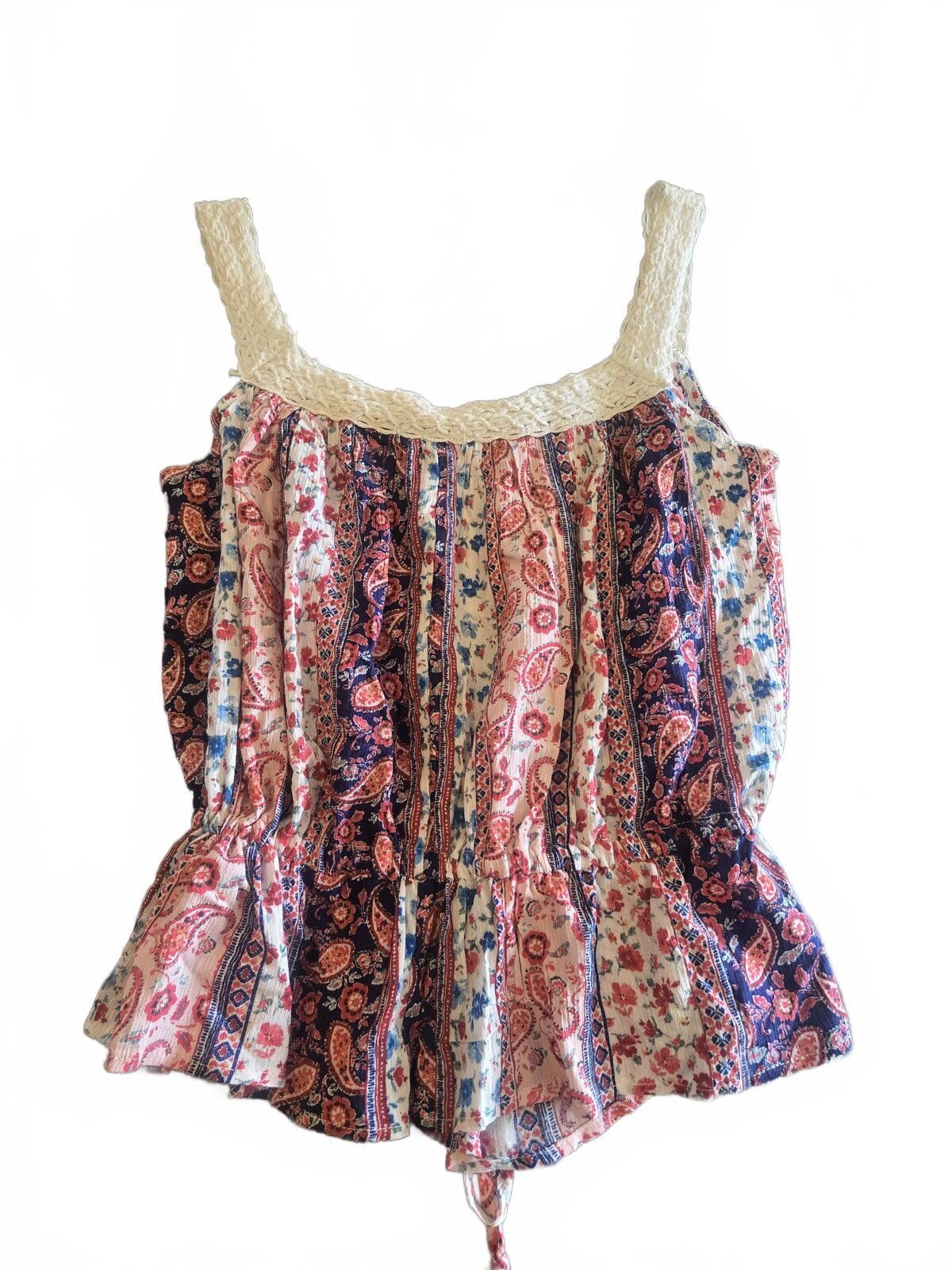 Other Wild Moss Floral Patchwork Peplum Top Crochet Lace Trim Sz L Size L / US 10 / IT 46 - 2 Thumbnail