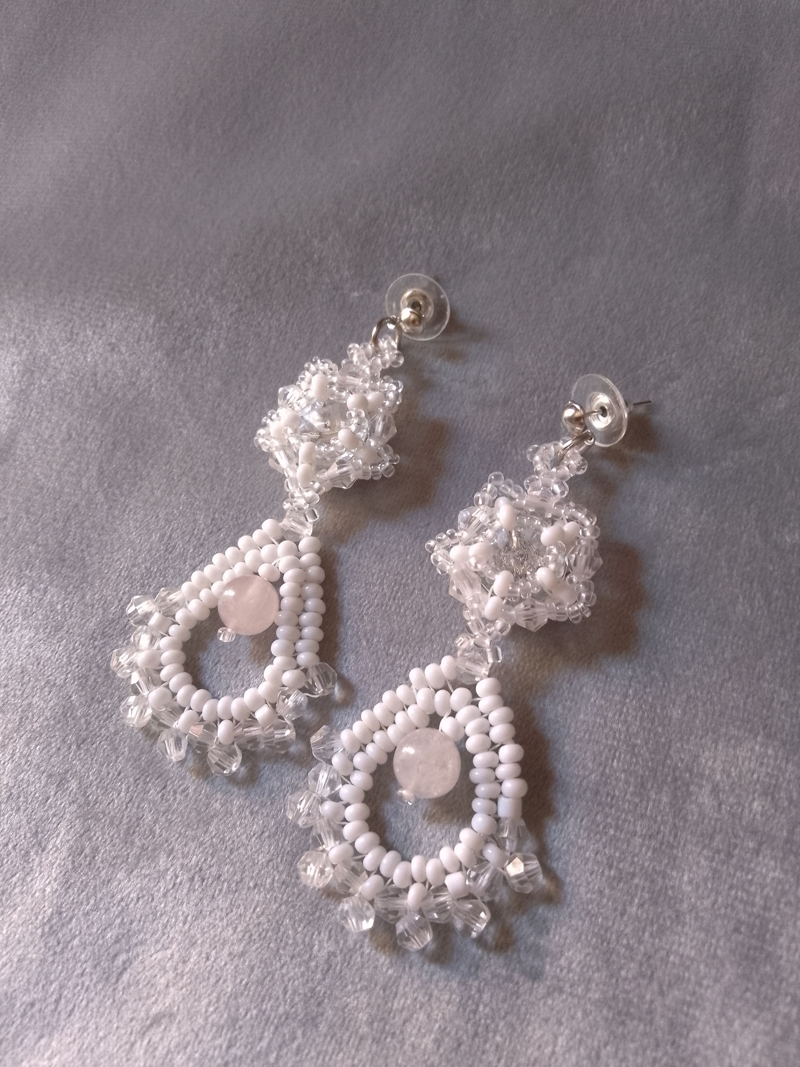 Handmade White Earrings bell shape Rose quartz gemstones Size ONE SIZE - 5 Thumbnail