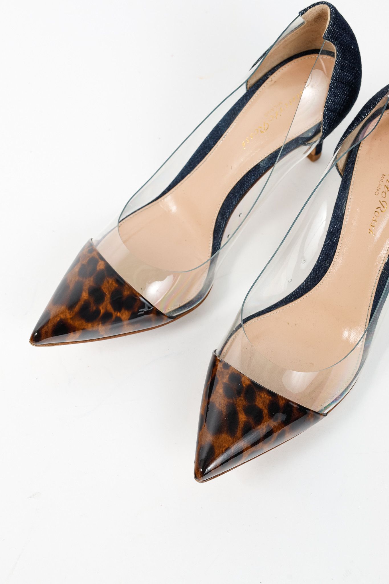 Gianvito Rossi Gianvito Rossi Plexi 70 Denim & Patent Leopard Heels Size US 8.5 / IT 38.5 - 6 Thumbnail