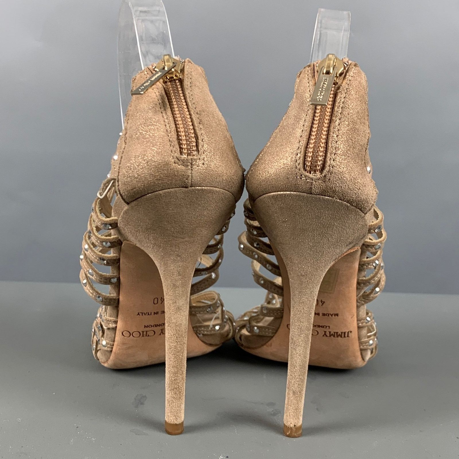 Jimmy Choo JIMMY CHOO 10 Beige Gold Suede Rhinestones Ankle Sandals Size US 10 / IT 40 - 3 Thumbnail