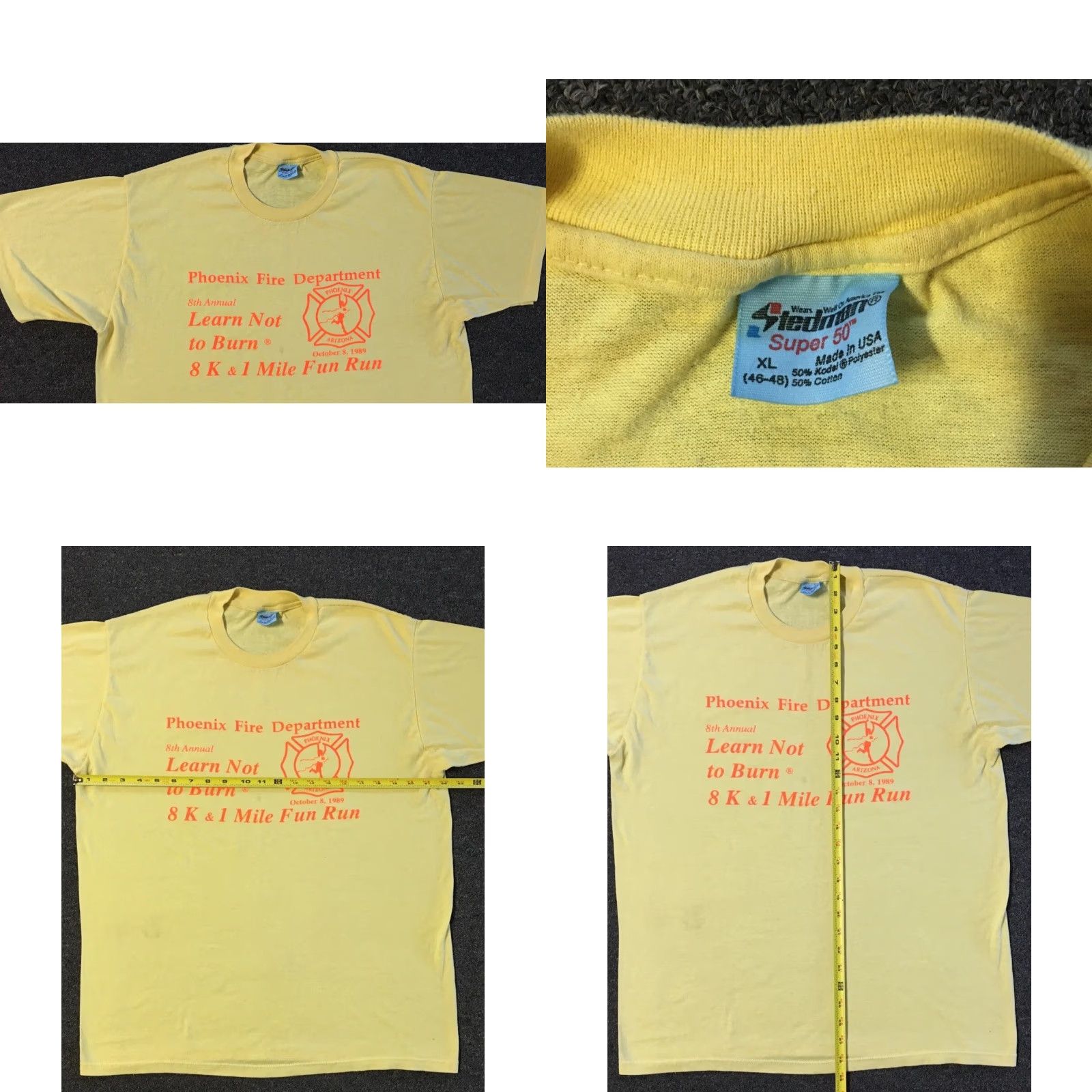 Vintage VINTAGE Phoenix Fire Dept Learn Not Burn Marathon T-Shirt L Yellow 80s 90s Fire Fighter Boots Single Stitch Mens Size US L / EU 52-54 / 3 - 8 Thumbnail