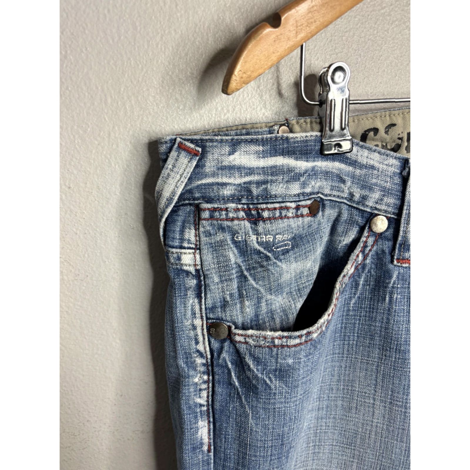 Vintage G-Star RAW Jeans Mens 33x34 Blue Distressed Straight Leg Denim Red Stitching Jeans Size US 33 - 2 Thumbnail