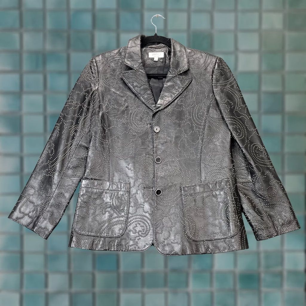 Vintage VTG Vakko Jacket Womens Medium Black Leather Floral Embroidered New York Blazer Size M / US 6-8 / IT 42-44 - 1 Thumbnail