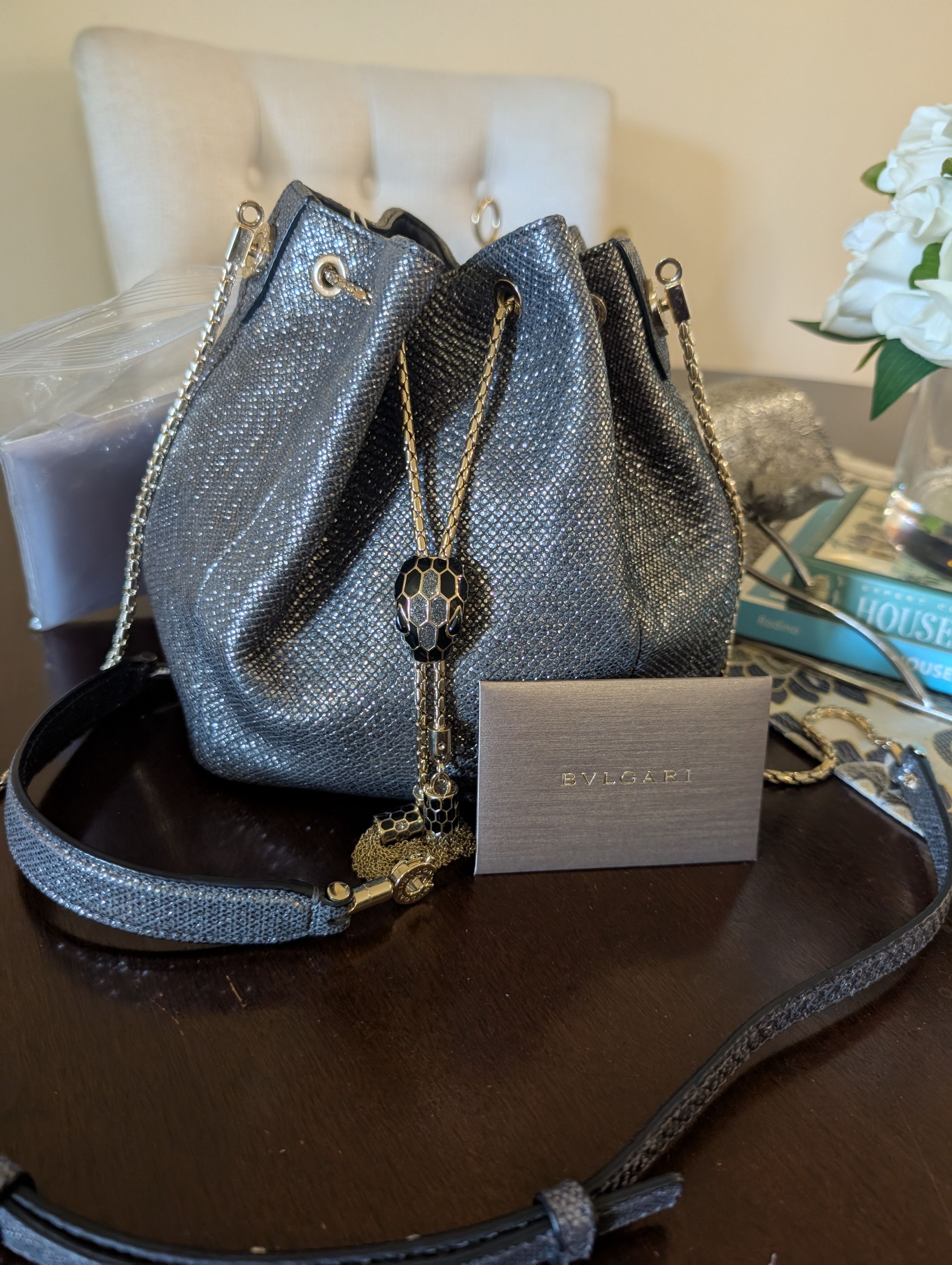 Bvlgari Bvlgari Silver Bucket Drawstring Bag Gold Chain Strap Tassel Size ONE SIZE - 10 Thumbnail