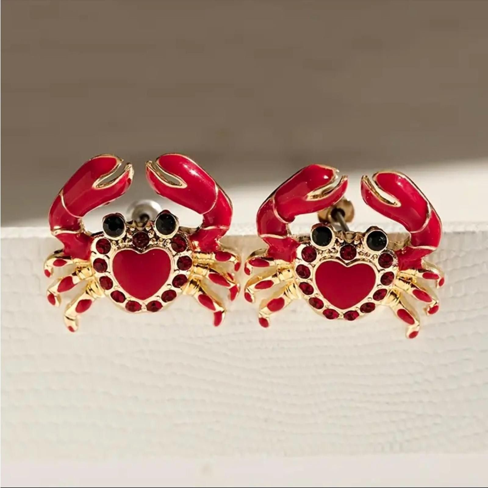Designer Charming Crab Earrings Red & Gold Rhinestone Studded Stud Size ONE SIZE - 3 Thumbnail