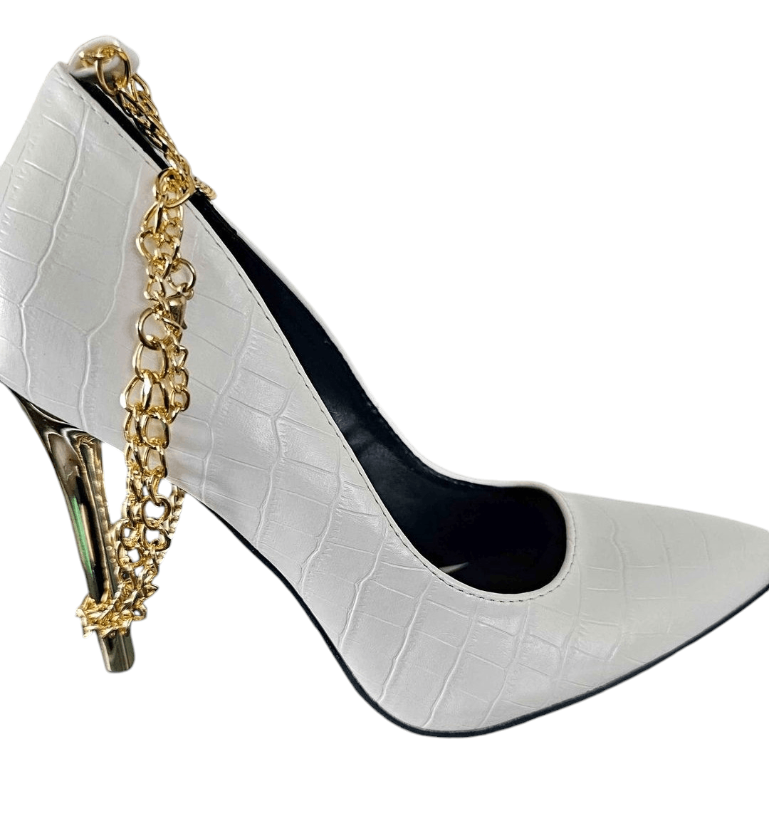 NBDN Nobrandedon White Faux Leather Gold Ankle Chain Metallic High Heel Shoe Size US 7 / IT 37 - 2 Thumbnail