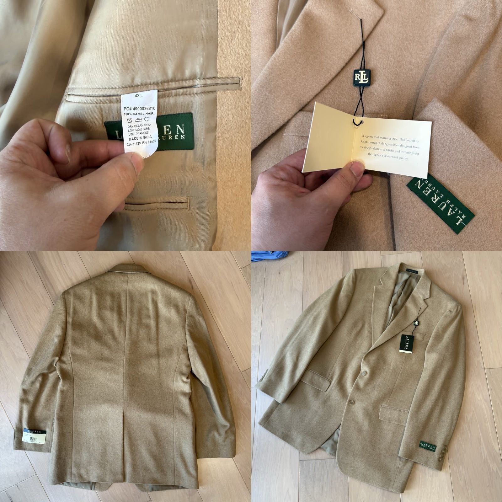 Ralph Lauren VINTAGE Lauren Ralph Lauren Blazer 42L Beige Camel Hair NWT Wool Lining Button Logo Zipper Mens Classic Mid-Length Overcoat, Beige, 42L, Blazer Size 42R - 8 Thumbnail
