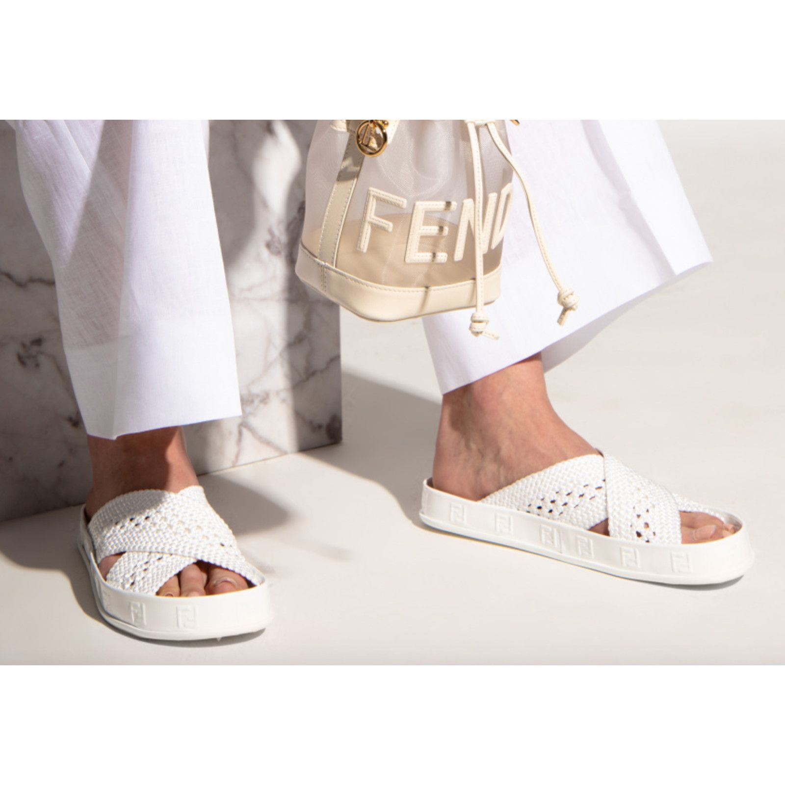 Fendi Fendi White Criss Cross Woven Logo Mule Slide Slip On Flat Size US 7 / IT 37 - 5 Thumbnail