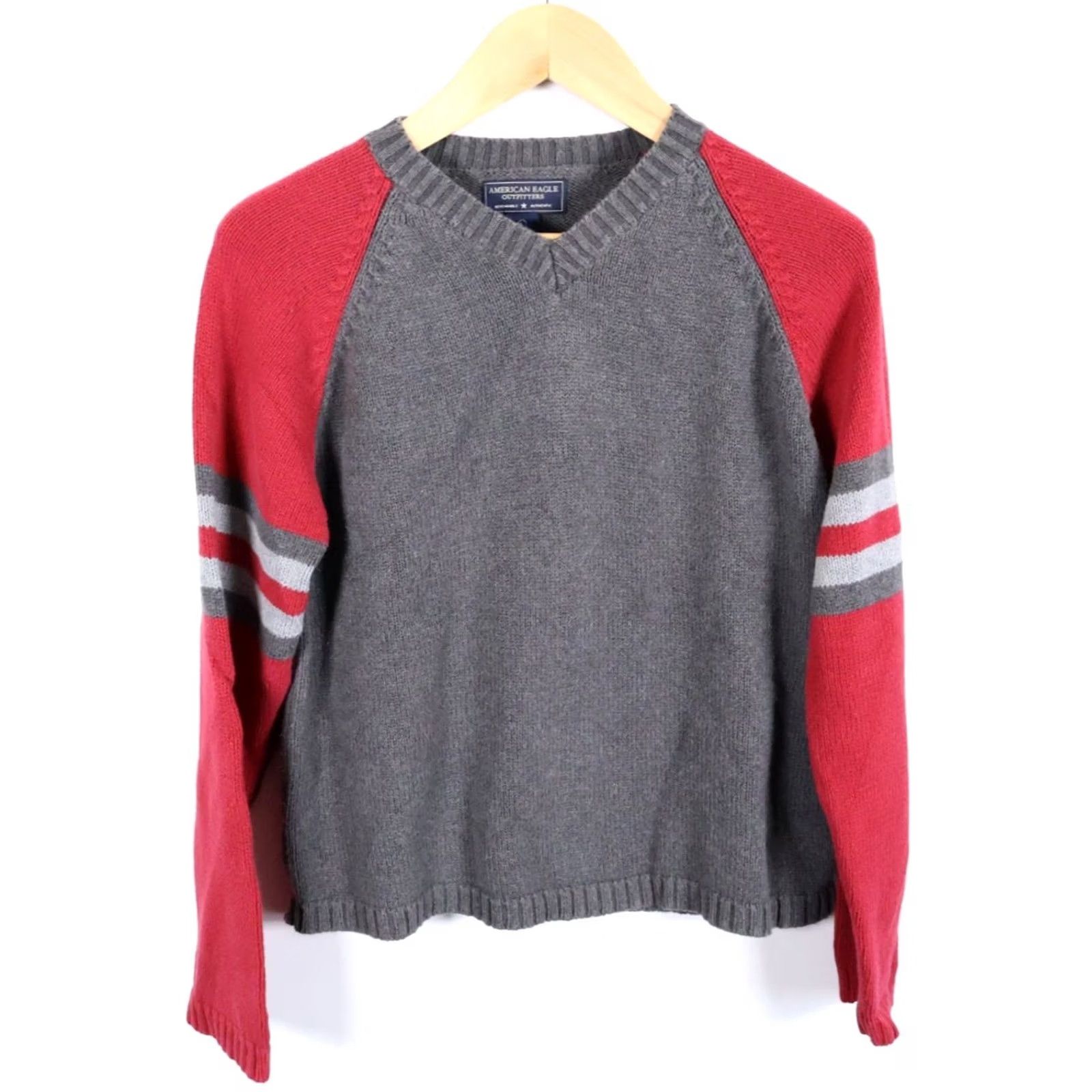 American Eagle Outfitters VINTAGE American Eagle Outfitters Sweater Women Large Gray Red V-Neck Cotton VTG Y2K Pullover Chяnk y knit? Size L / US 10 / IT 46 - 2 Thumbnail