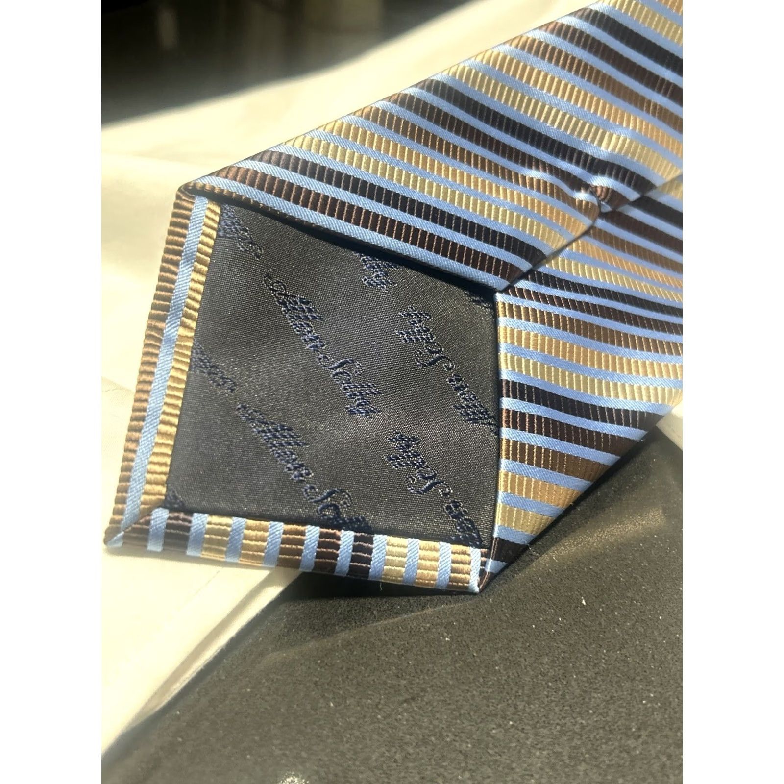 Vintage ALLEN SOLLY Men Luxury Striped Necktie Blue Brown 57" Silk Tie Geometric Designer 4" Width EUC Size ONE SIZE - 7 Thumbnail