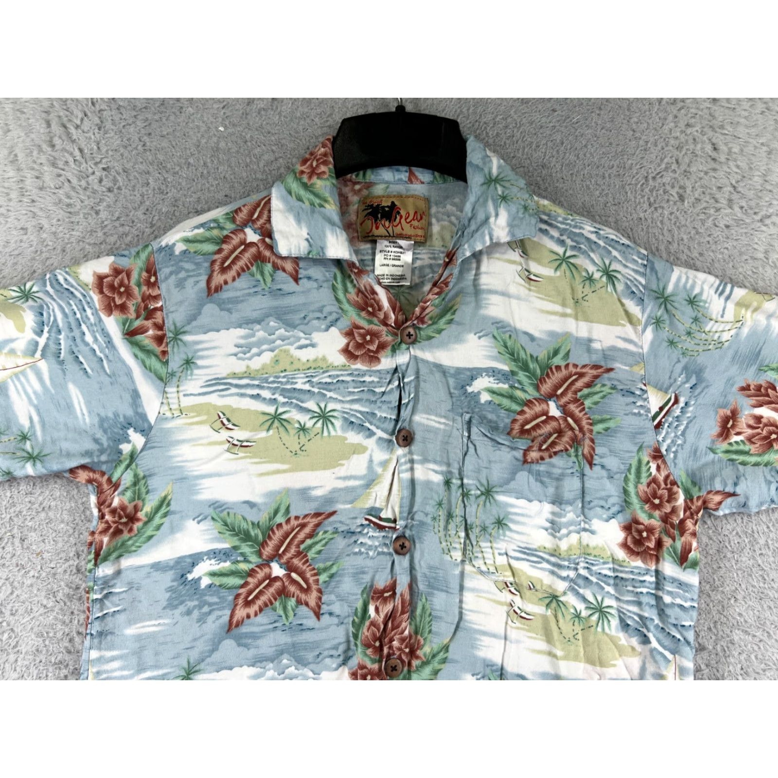 Vintage InGear Shirt Womens L Blue Hawaiian Floral Palm Print Button-Up 100% Rayon Size L / US 10 / IT 46 - 6 Thumbnail