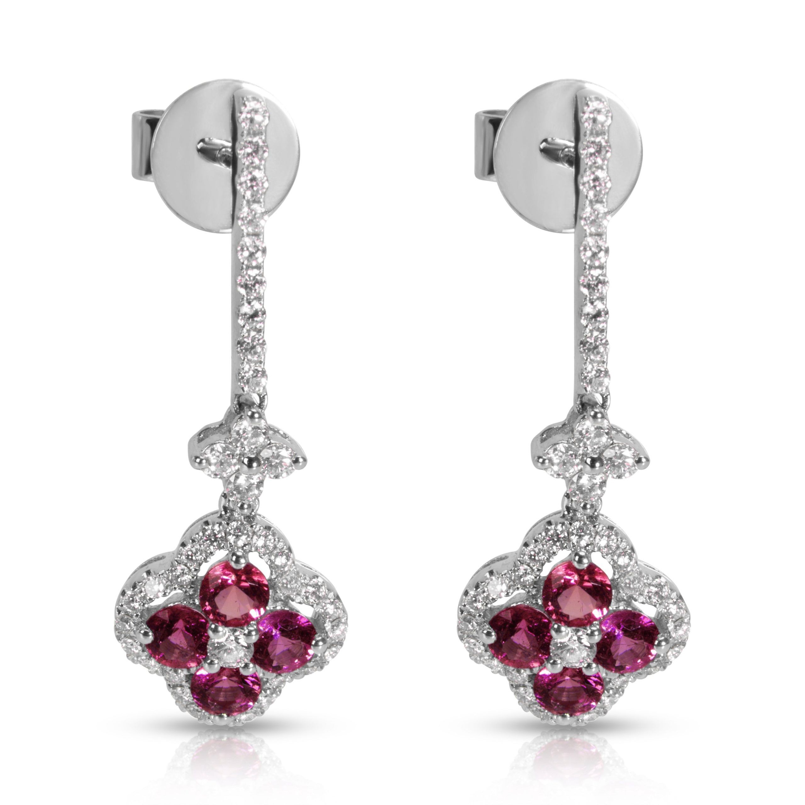 image of Diamond & Ruby Flower Drop Earrings In 18Kt White Gold 1.50Ctw, Women's