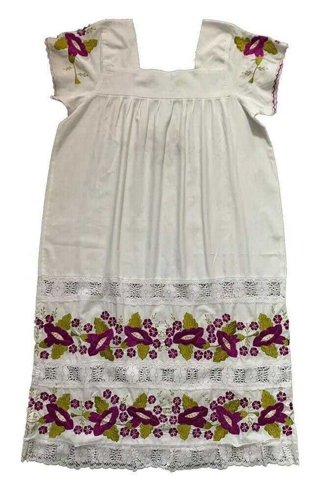 Designer Pre Owned Mexican White Hand Made Embroidered Dress L Size L / US 10 / IT 46 - 3 Thumbnail