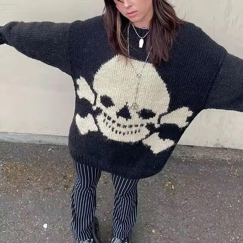Japanese Brand Skull & Crossbones Knit Sweater - Oversized Black & Beige Size US L / EU 52-54 / 3 - 2 Thumbnail