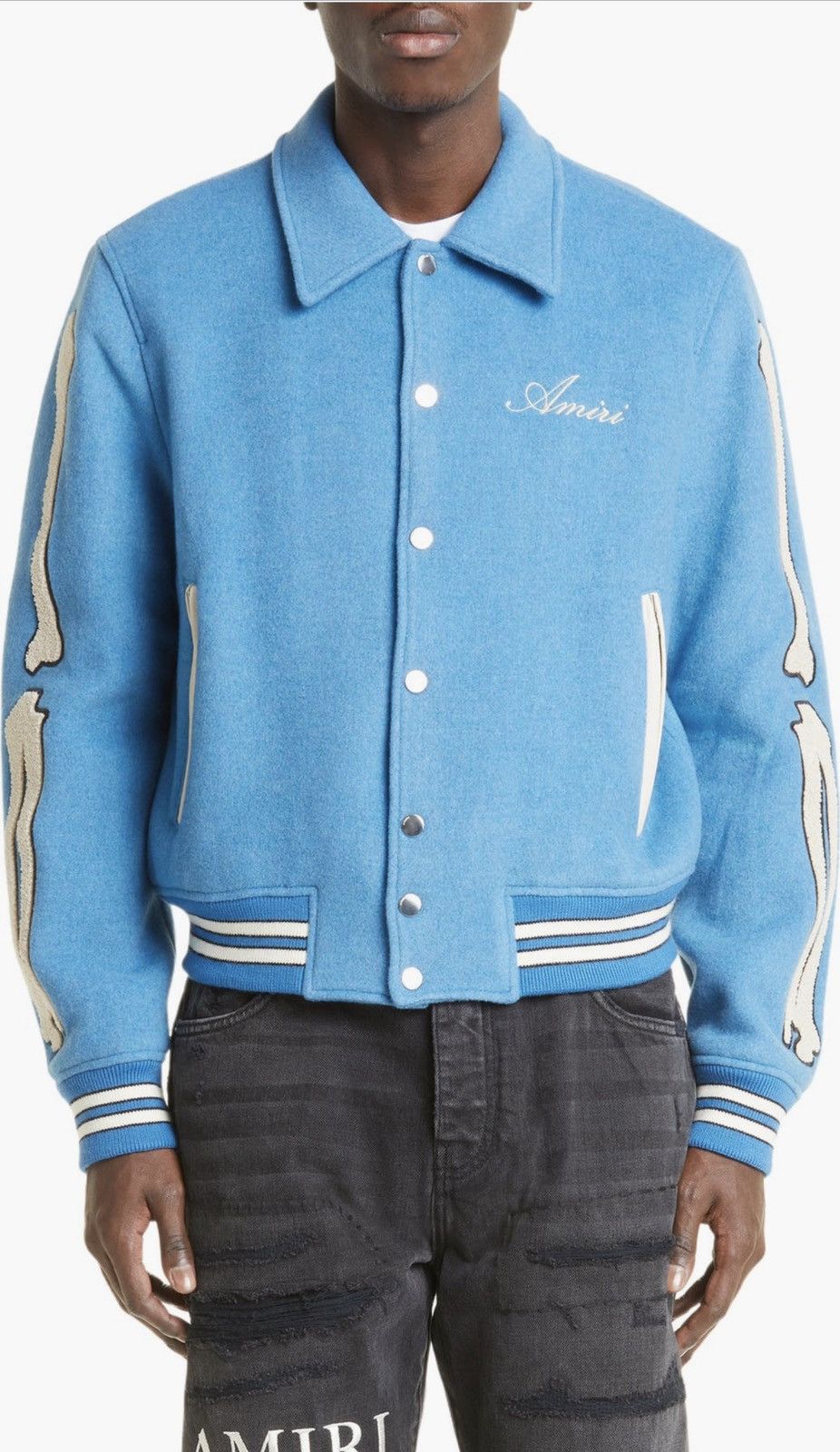 image of Amiri Bones Wool Varsity Jacket in Blue, Men's (Size XL)