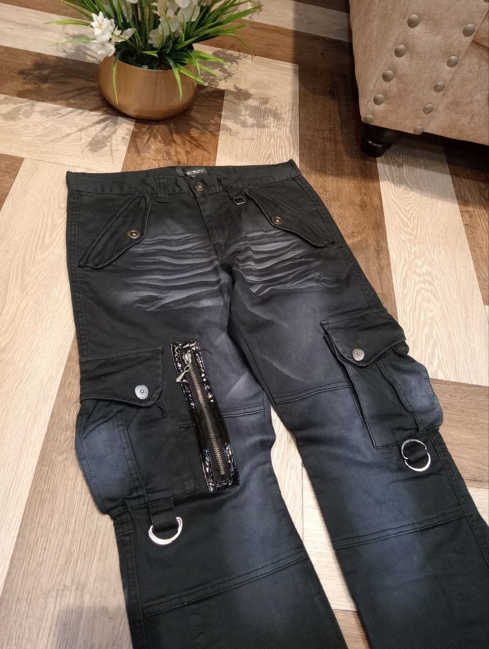 LOWBOX JAPANESE LOWBOX WASHED BLACK FLARED CARGO PANTS Size US 32 / EU 48 - 4 Thumbnail