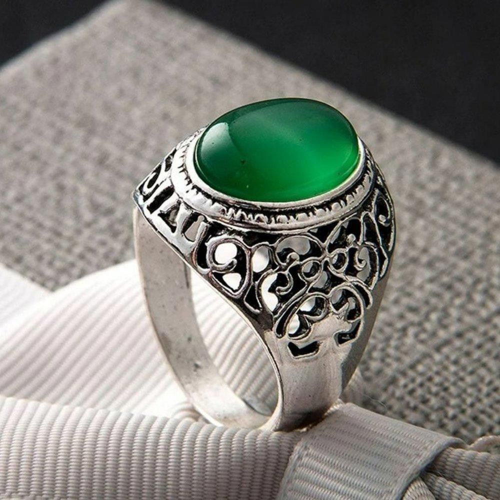 Designer Men's 925 Sterling Silver Green Resin Hollow Open Ring Size ONE SIZE - 4 Thumbnail