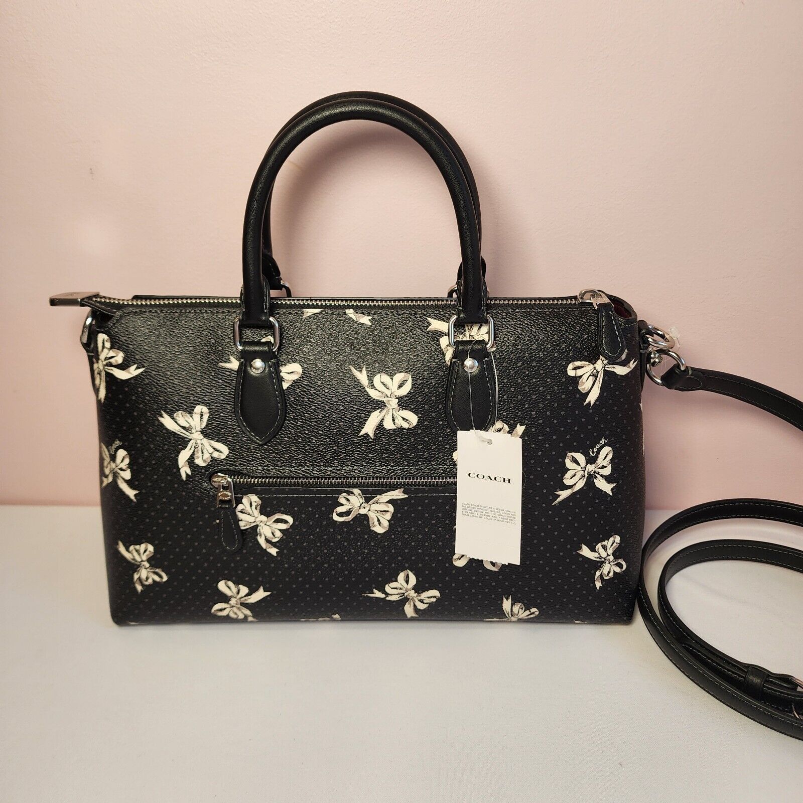 Coach NWT COACH CAA76 Georgia Stachel Bag Bow Print Silver/Black Size ONE SIZE - 3 Thumbnail