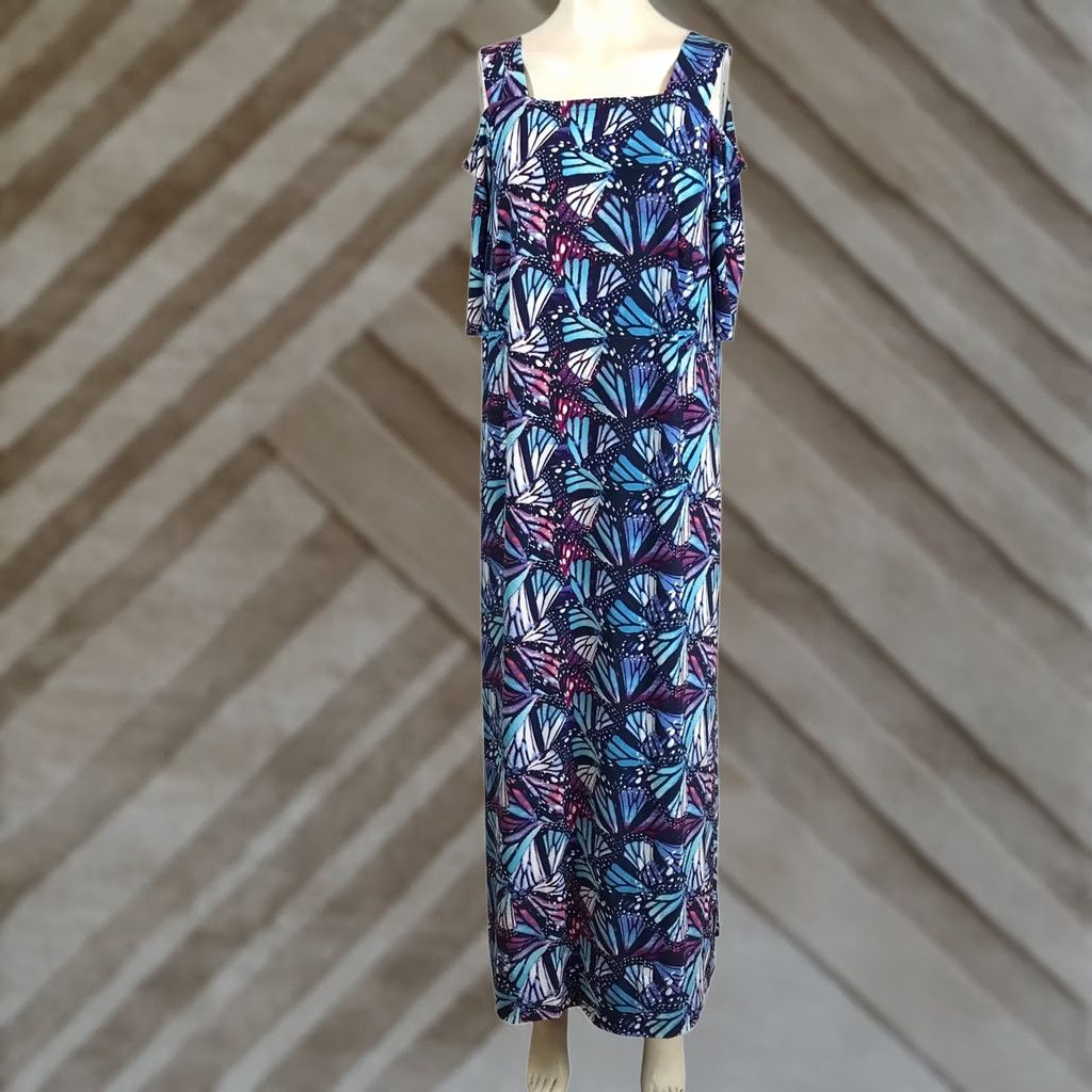 Vintage Roamans Dress Maxi Cold Shoulder Butterfly Wing Print Blue Purple Womens 14/16 M Size XL / US 12-14 / IT 48-50 - 1 Thumbnail