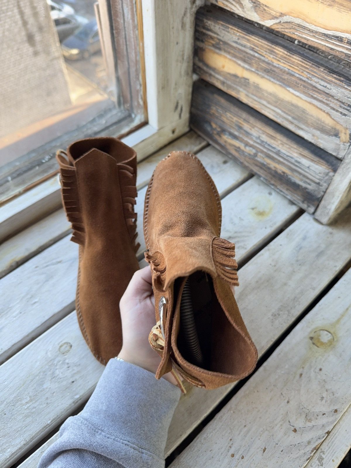 Vintage Vintage 00s Western USA Made Suede Fringe Moccasin Boots Size US 7 / IT 37 - 11 Thumbnail