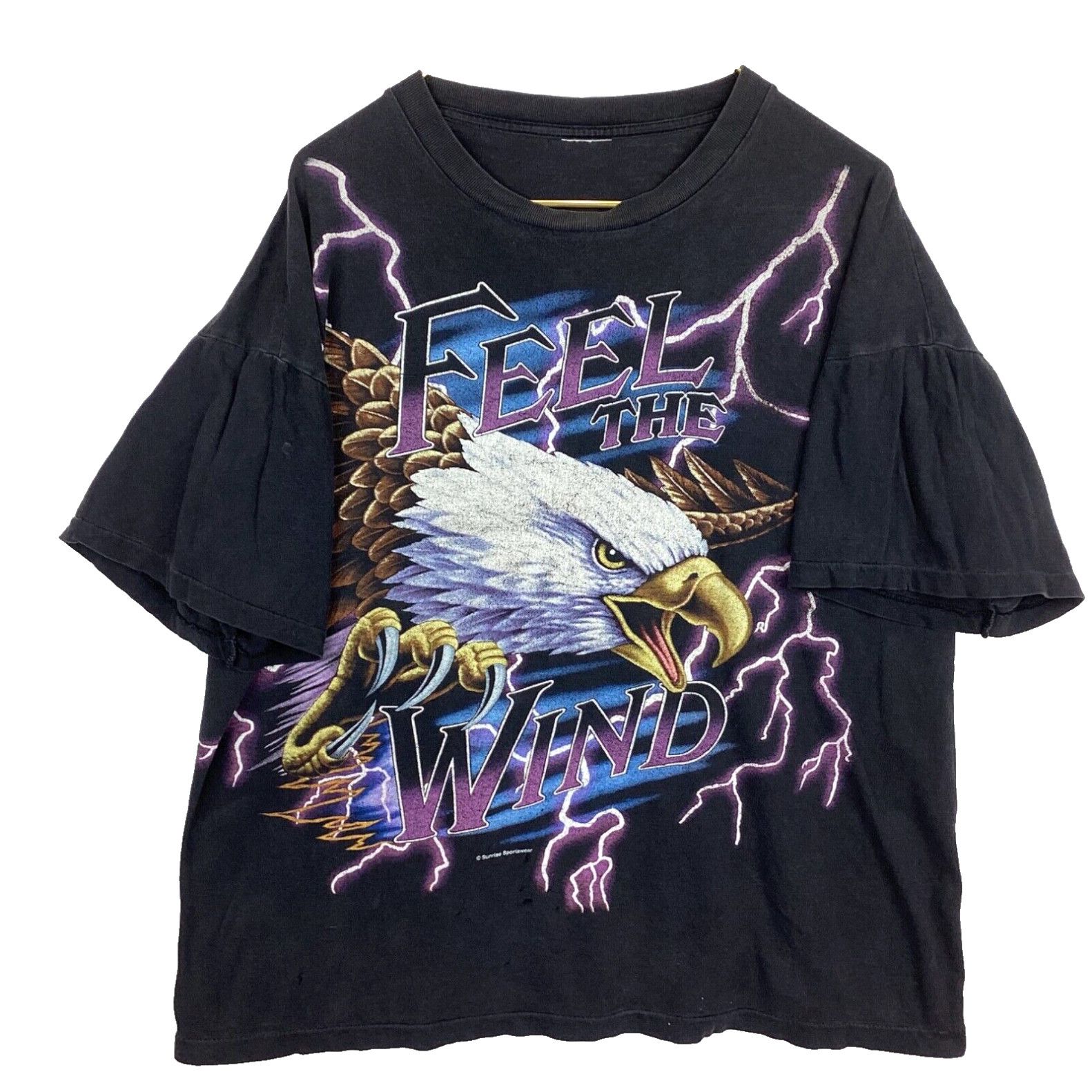 image of Sunray Sportswear Vintage American Thunder Feel The Wind T-Shirt Large 90's Aop Lightning in White