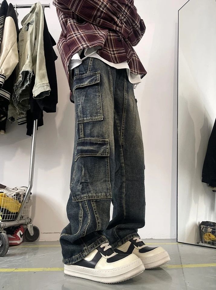 Patchwork Blue Cargo Jeans Multi-pockets