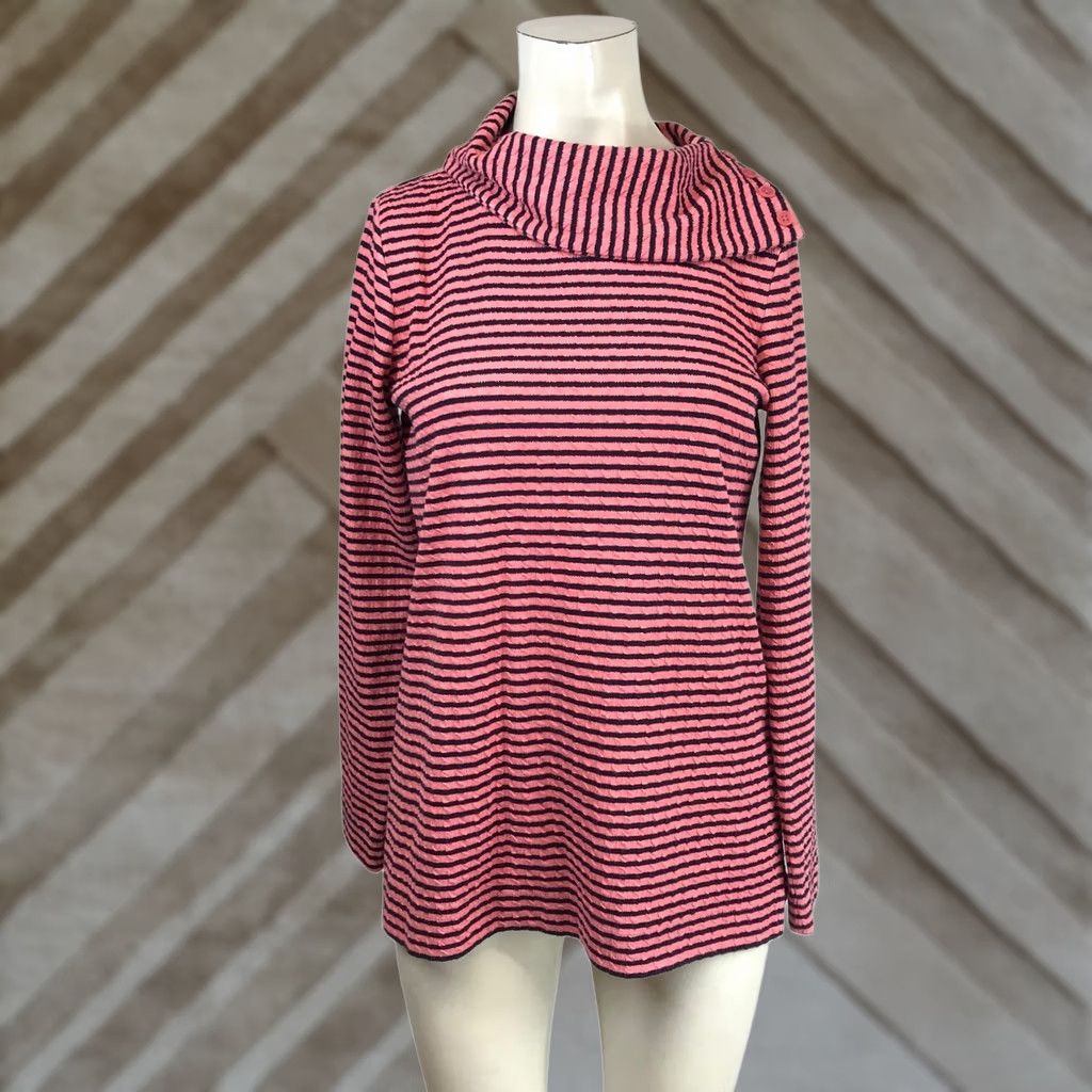 Talbots Talbots Womens Pink Navy Striped Textured Funnel Neck Button Top Size S Size S / US 4 / IT 40 - 1 Thumbnail