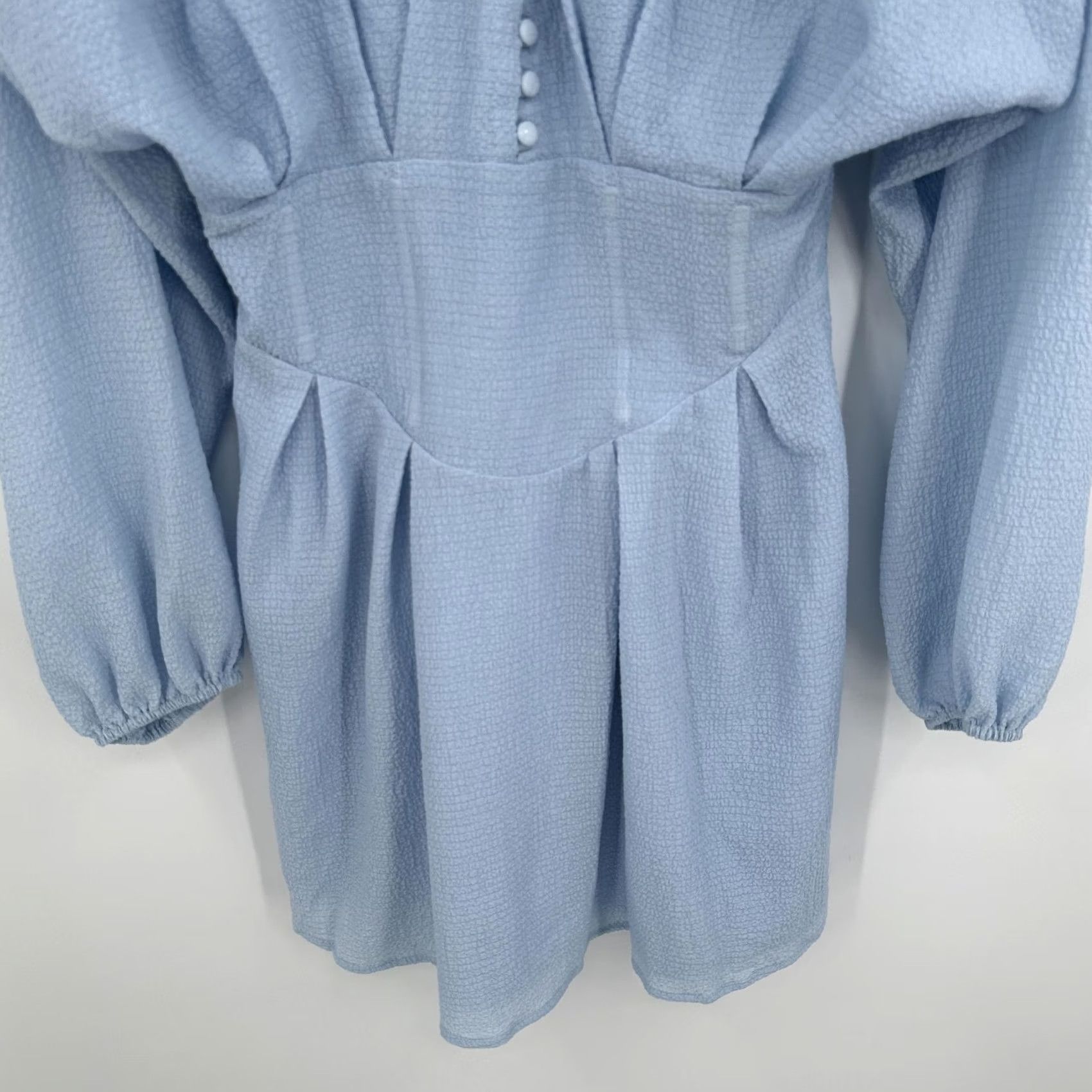 Vintage Sabo Luxe Dress Womens L Blue Long Sleeve Textured Mini V Neck Button Detail Size L / US 10 / IT 46 - 3 Thumbnail