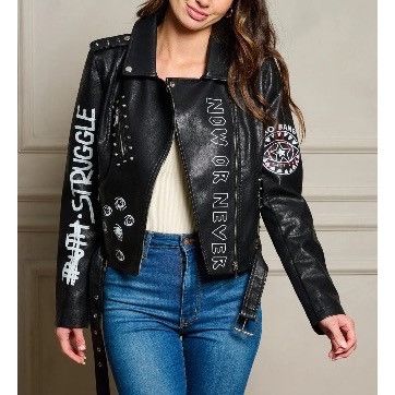 Other Black Punk Rock Graphic Studded Belted Vegan Leather Jacket Size M / US 6-8 / IT 42-44 - 13 Thumbnail