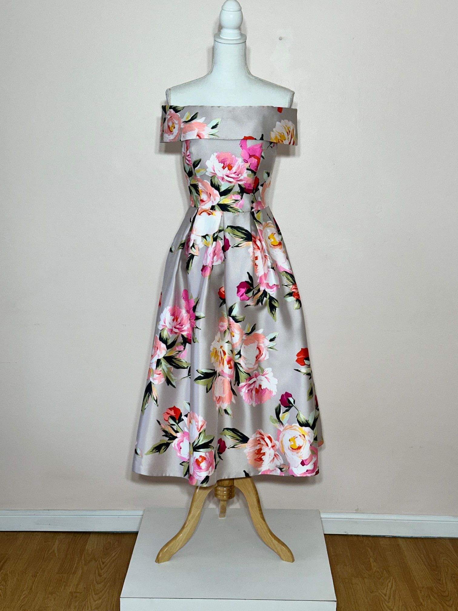 Vintage Eliza J Beige/Pink Floral Print Bell Dress Size 4 Size S / US 4 / IT 40 - 2 Thumbnail