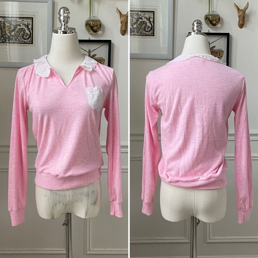 Vintage Vintage 70s Pink Top White Eyelet Lace Peter Pan Collar XS Size XS / US 0-2 / IT 36-38 - 1 Thumbnail