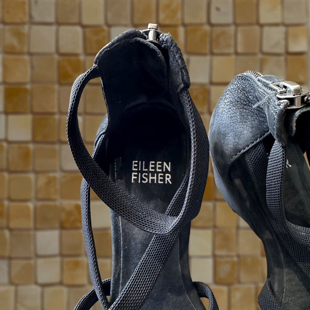 Eileen Fisher VINTAGE Eileen Fisher Leather Open Toe Wedge Heel Ankle Strap Size 5 Black Womens Shoes Size US 5 / IT 35 - 1 Thumbnail
