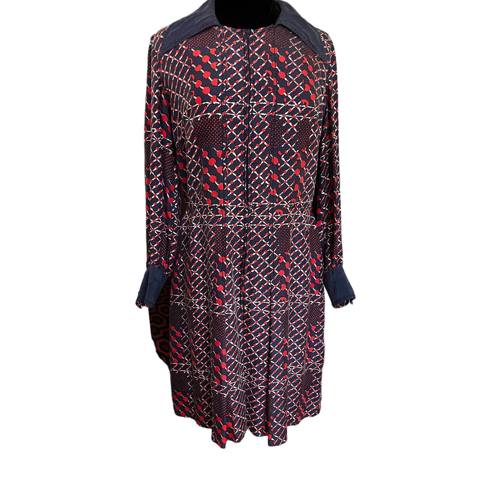 Vintage Vintage 70s Blue Red Geometric Silk Midi Dress Mod Med Large Size M / US 6-8 / IT 42-44 - 1 Thumbnail