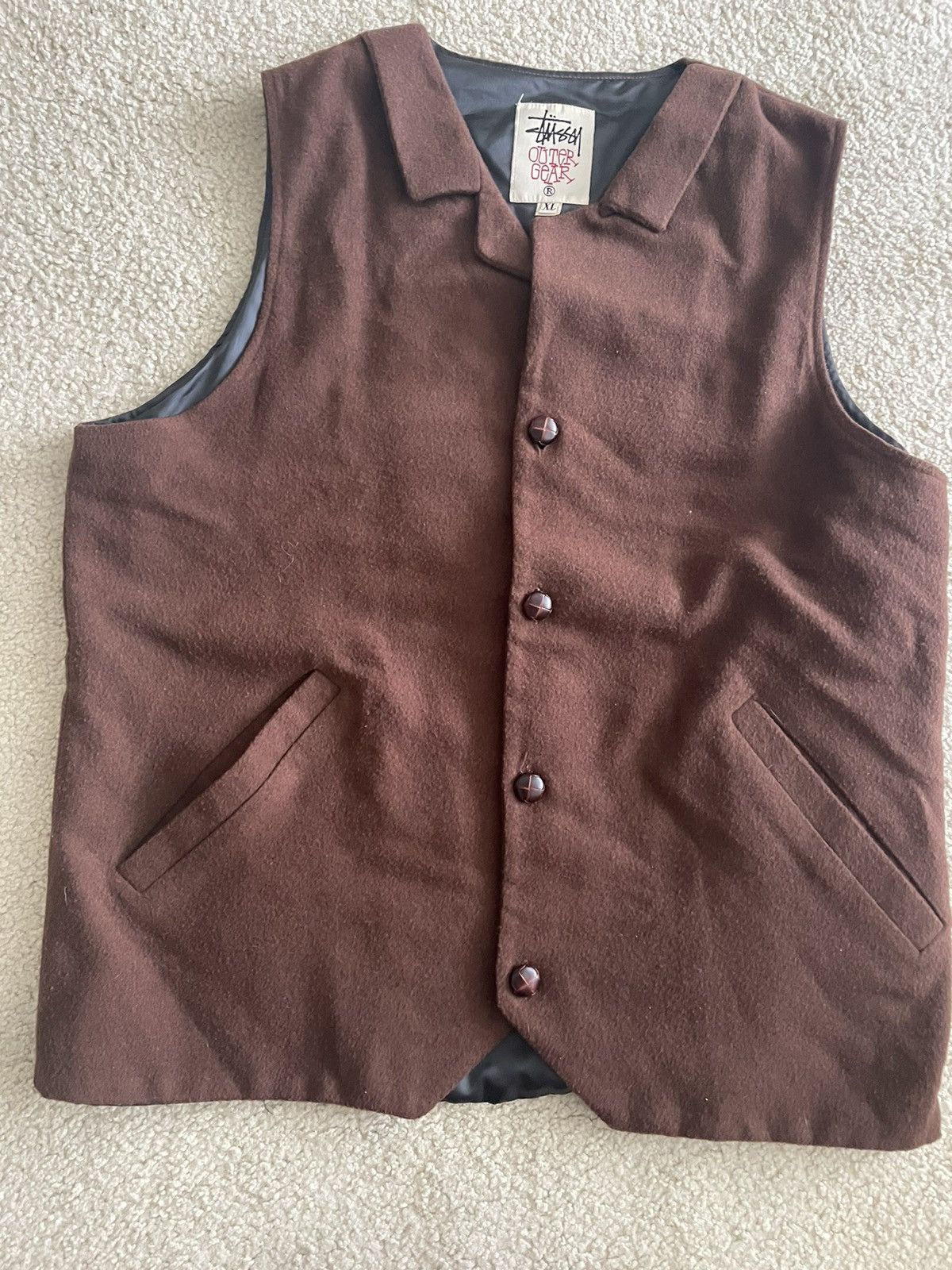 Stussy × Vintage Y-2K Vintage Stussy Outer Gear Wool Button-Up Vest Brown Size US L / EU 52-54 / 3 - 4 Thumbnail