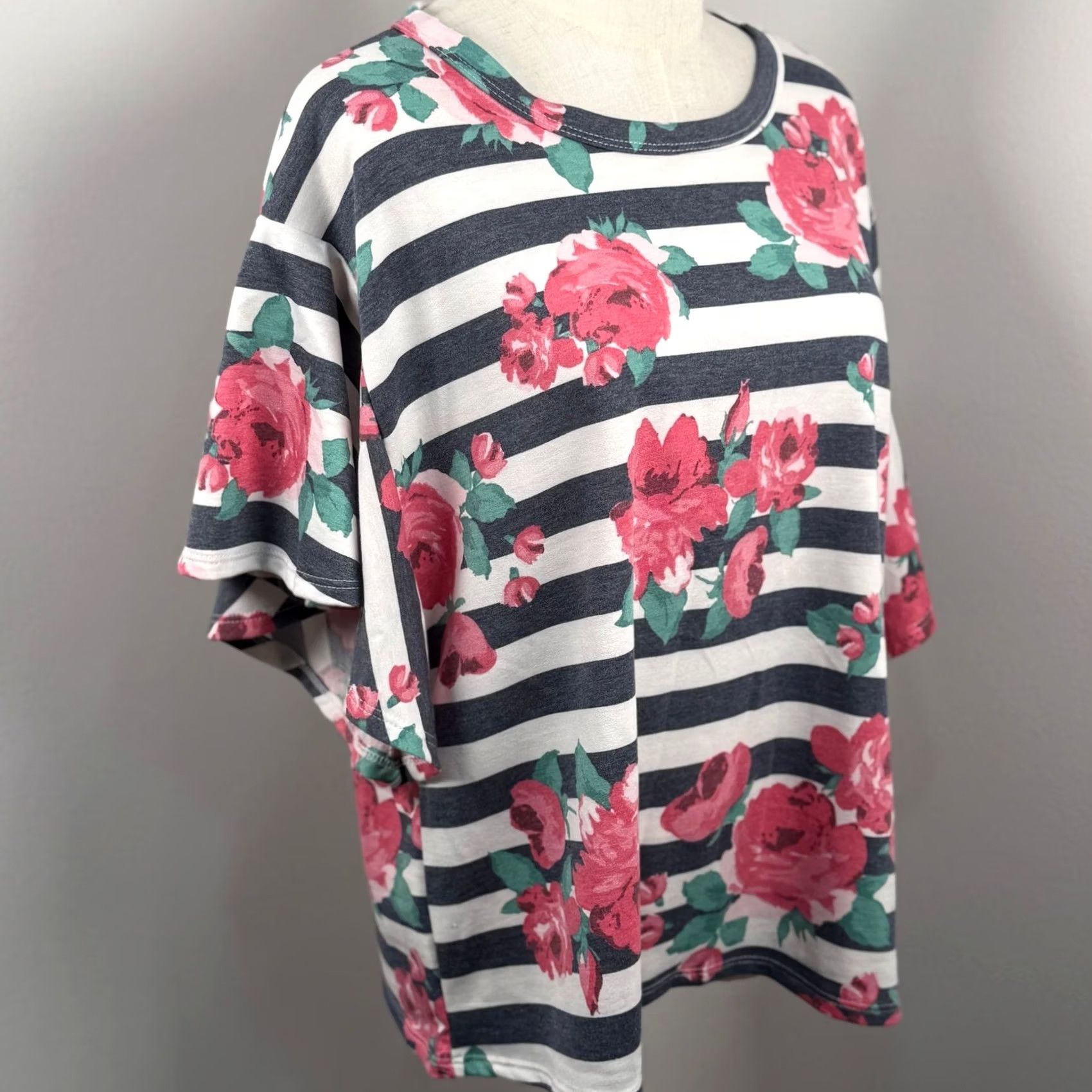 Pinko Womens Large Top Navy White Striped Floral Boxy Tee 4152-1P Boho Size L / US 10 / IT 46 - 5 Thumbnail