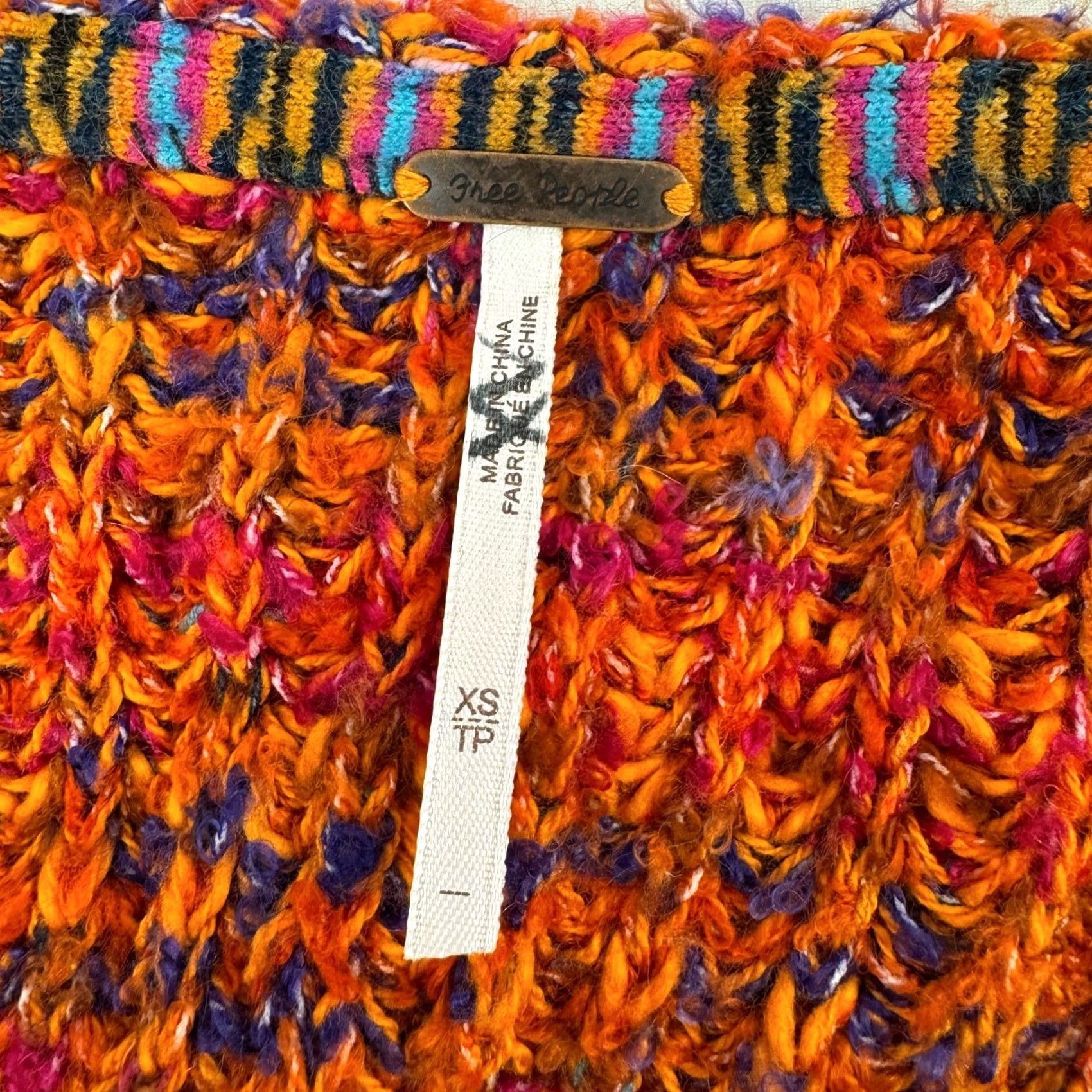 Free People Free People Highland V-Neck Sweater Orange Multi Space Dye Chunky Knit XS Size XS / US 0-2 / IT 36-38 - 3 Thumbnail
