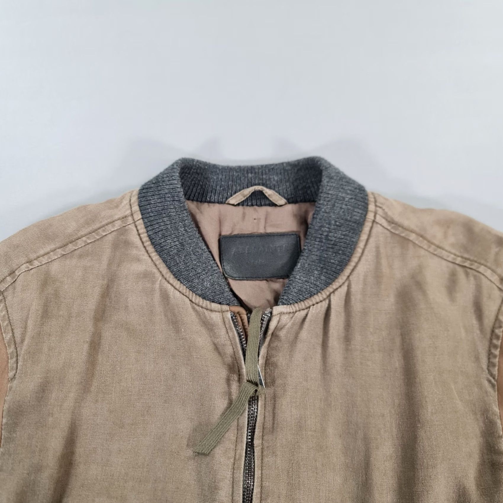 Allsaints AllSaints Mens Jacket Khaki Green Large Lightweight Bomber Linen Leather Casual Zip Boxson Size US L / EU 52-54 / 3 - 4 Thumbnail