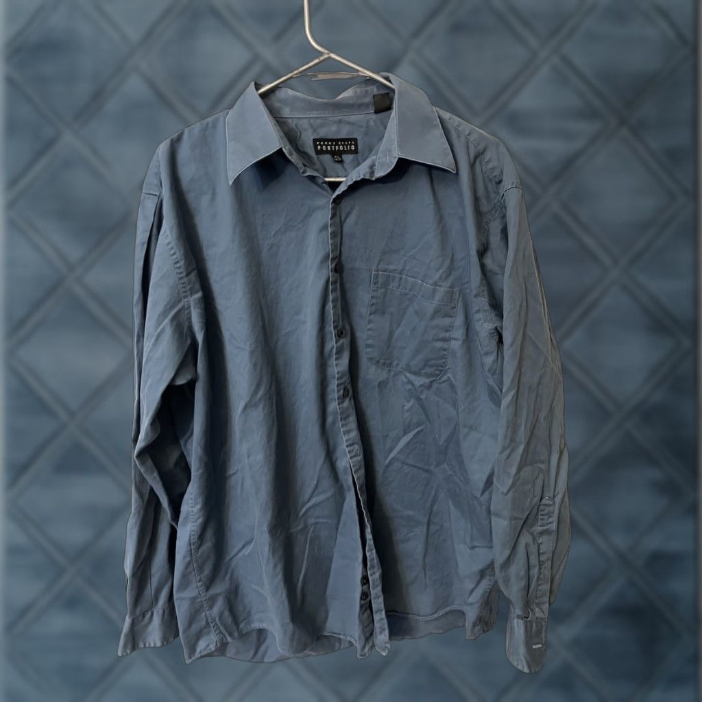 Perry Ellis Perry Ellis Shirt Men’s Button-Down Long Sleeve Blue Slim Fit Regular Size L 16.5 Button-Up Knit Cotton Spandex Size US L / EU 52-54 / 3 - 1 Thumbnail