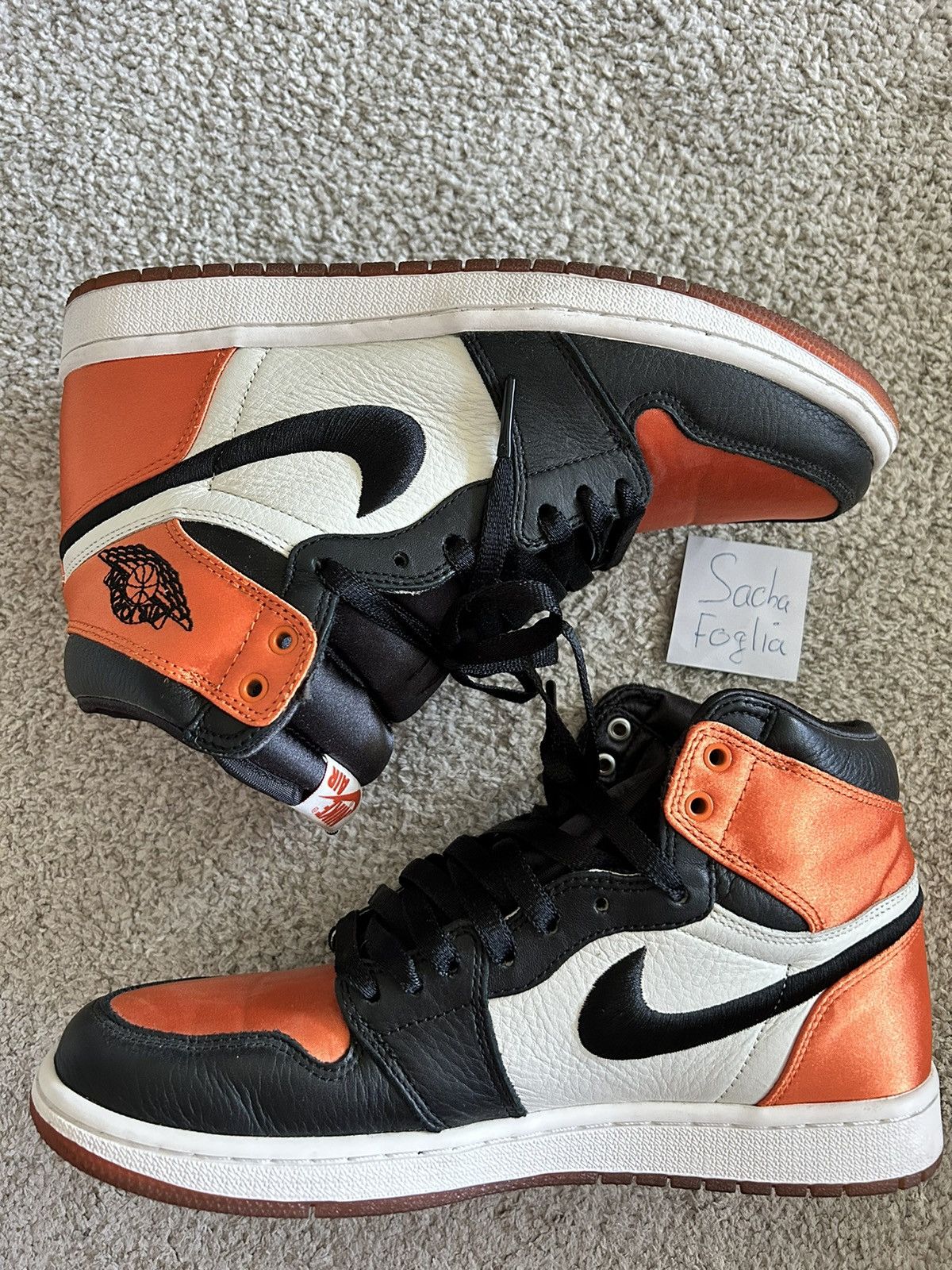 image of Nike Jordan 1 Shattered Backboard Satin Shoes in Orange, Men's (Size 8)
