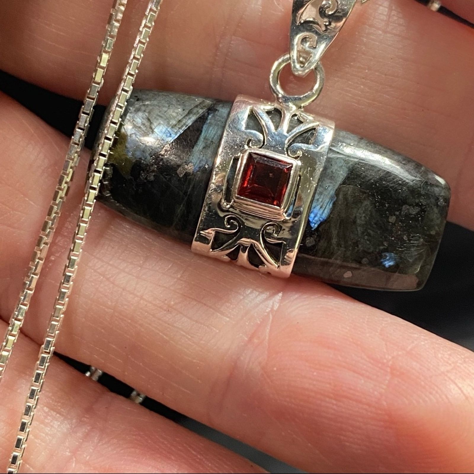 The Unbranded Brand Larvikite Black Moonstone & Garnet Pendant Necklace Size ONE SIZE - 9 Thumbnail