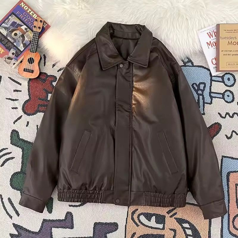 Other Streetwear Zipper PU Leather Loose Bomber Jacket Brown Size M / US 6-8 / IT 42-44 - 1 Thumbnail