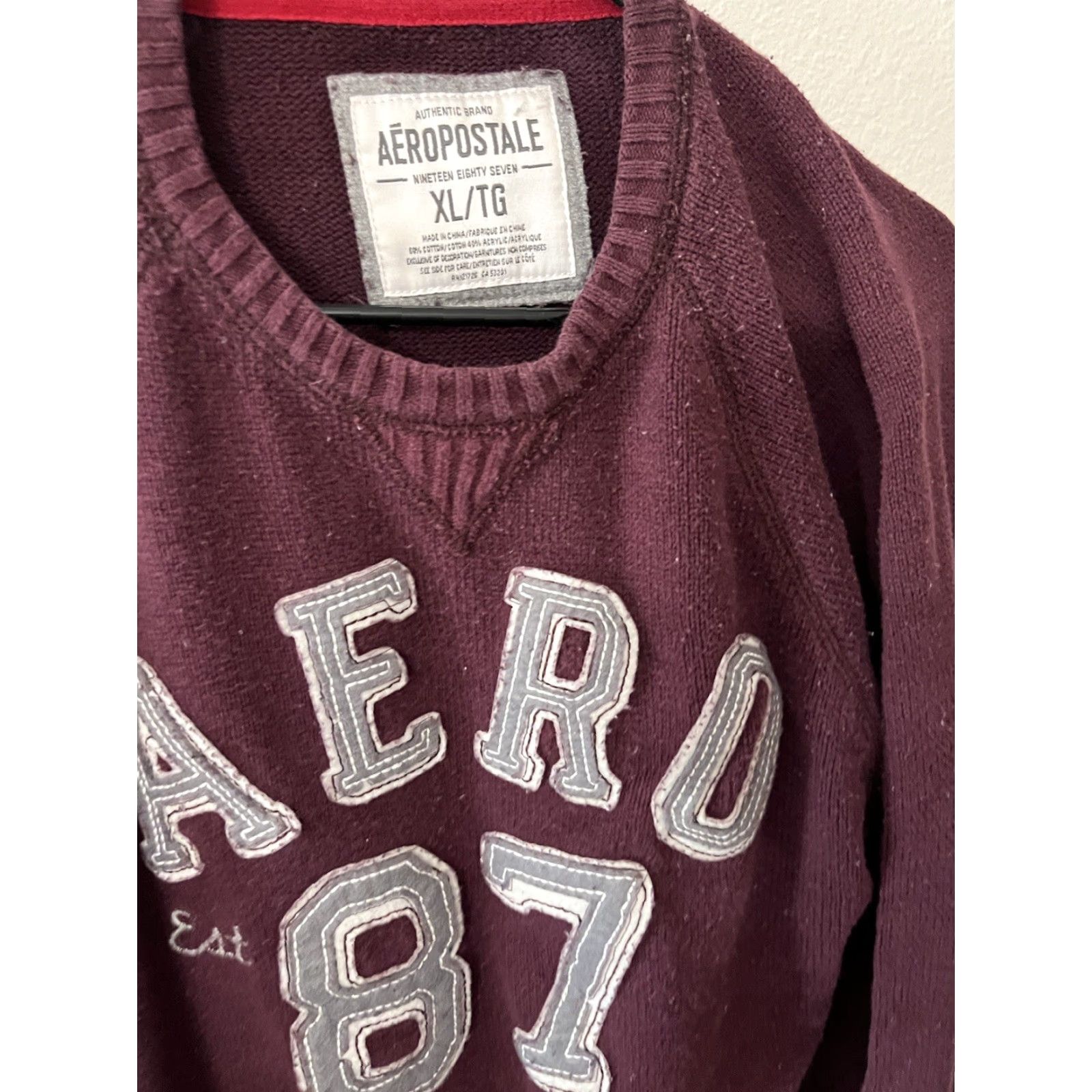 Vintage AeroPostale Sweater Mens XL Long Sleeve Crew Neck Pullover Knit Maroon Burguundy Classic Brand Mens XL Sweater Size US XL / EU 56 / 4 - 2 Thumbnail