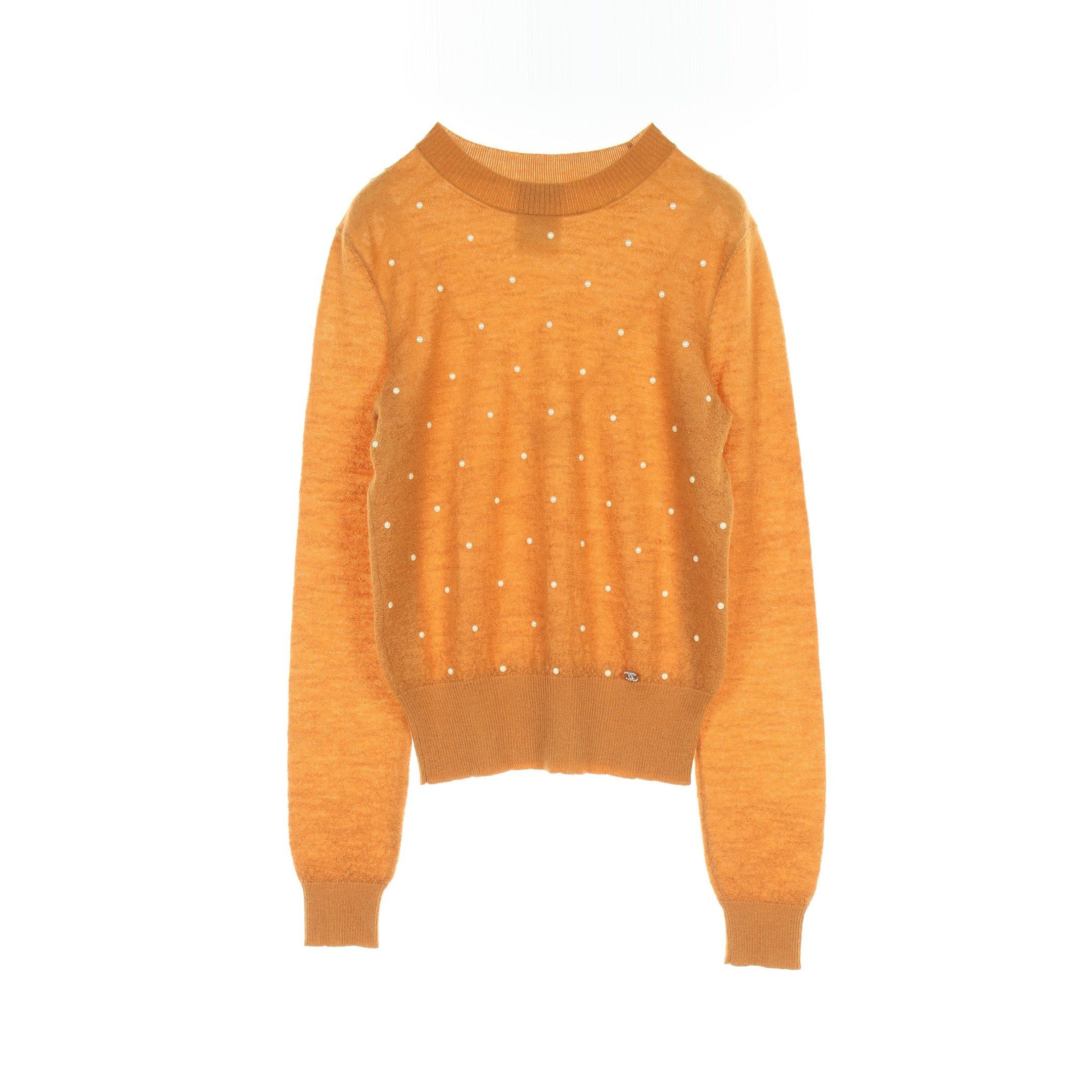 Chanel With Pearl Sweater Knit Crew Neck Mohair Cashmere Orange 14B