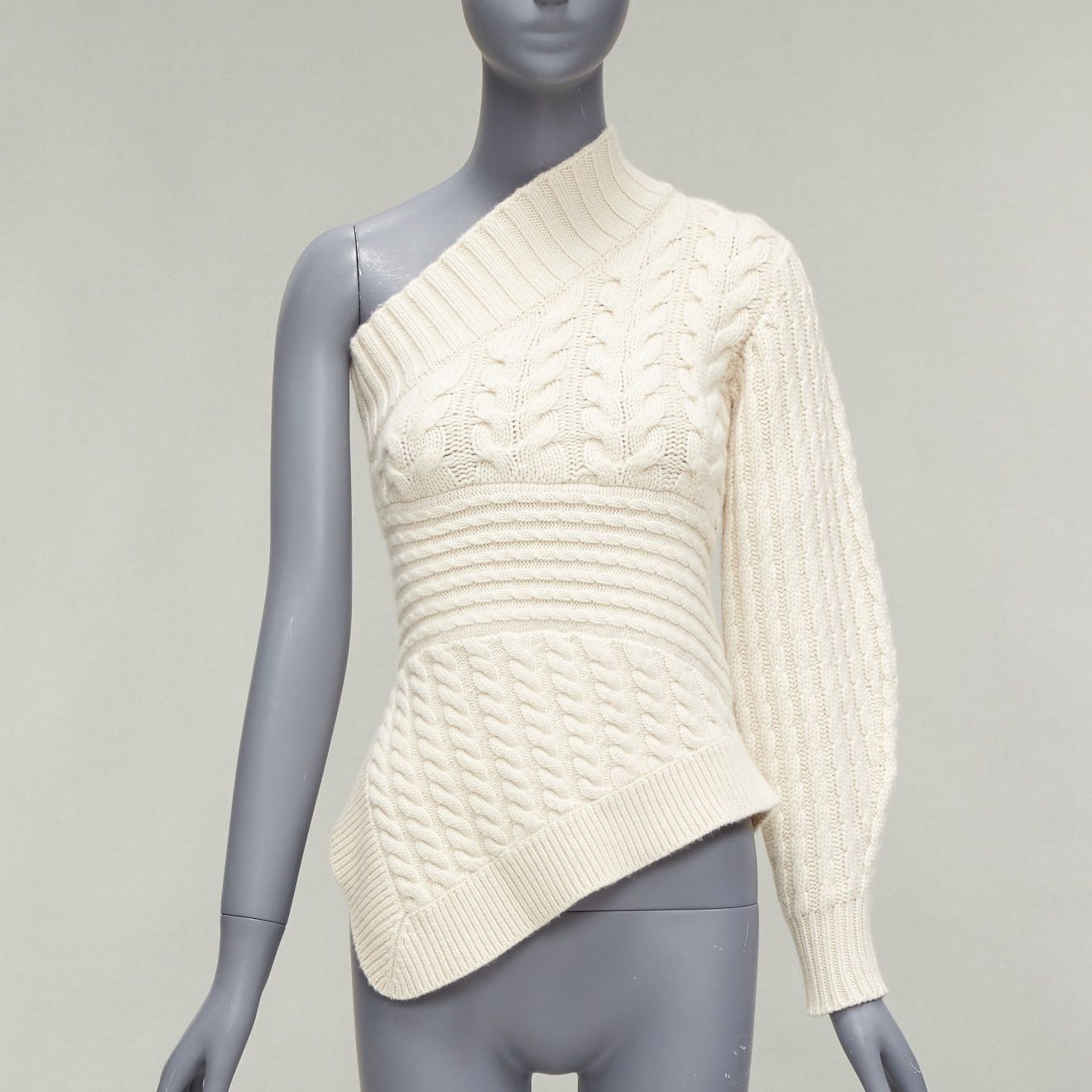 Burberry BURBERRY 100% cashmere cream one shoulder mixed cable knit pullover sweater XS Size S / US 4 / IT 40 - 1 Thumbnail
