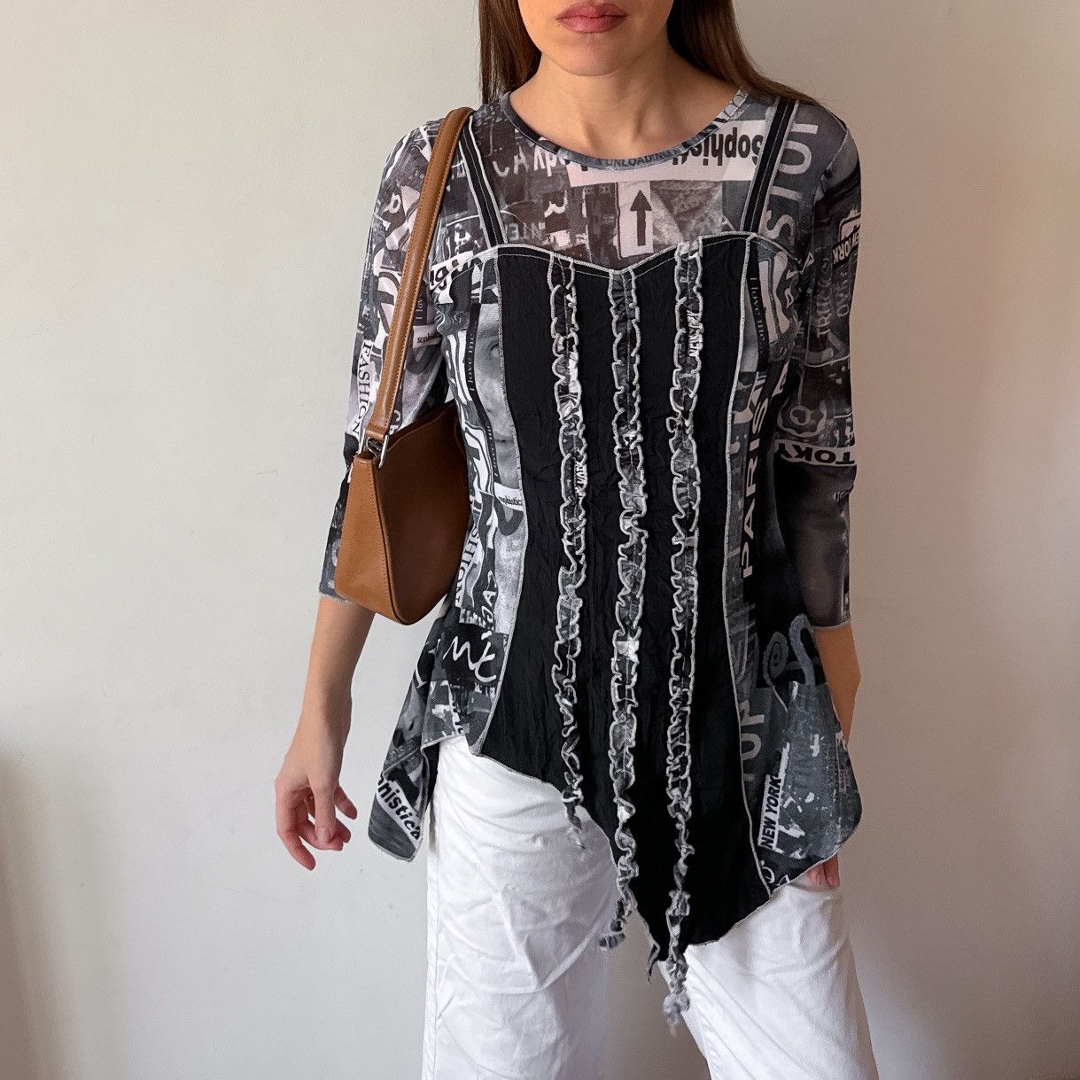 Vintage DPM 00s newspaper print asymmetric mesh Long sleeve / top Size M / US 6-8 / IT 42-44 - 2 Thumbnail