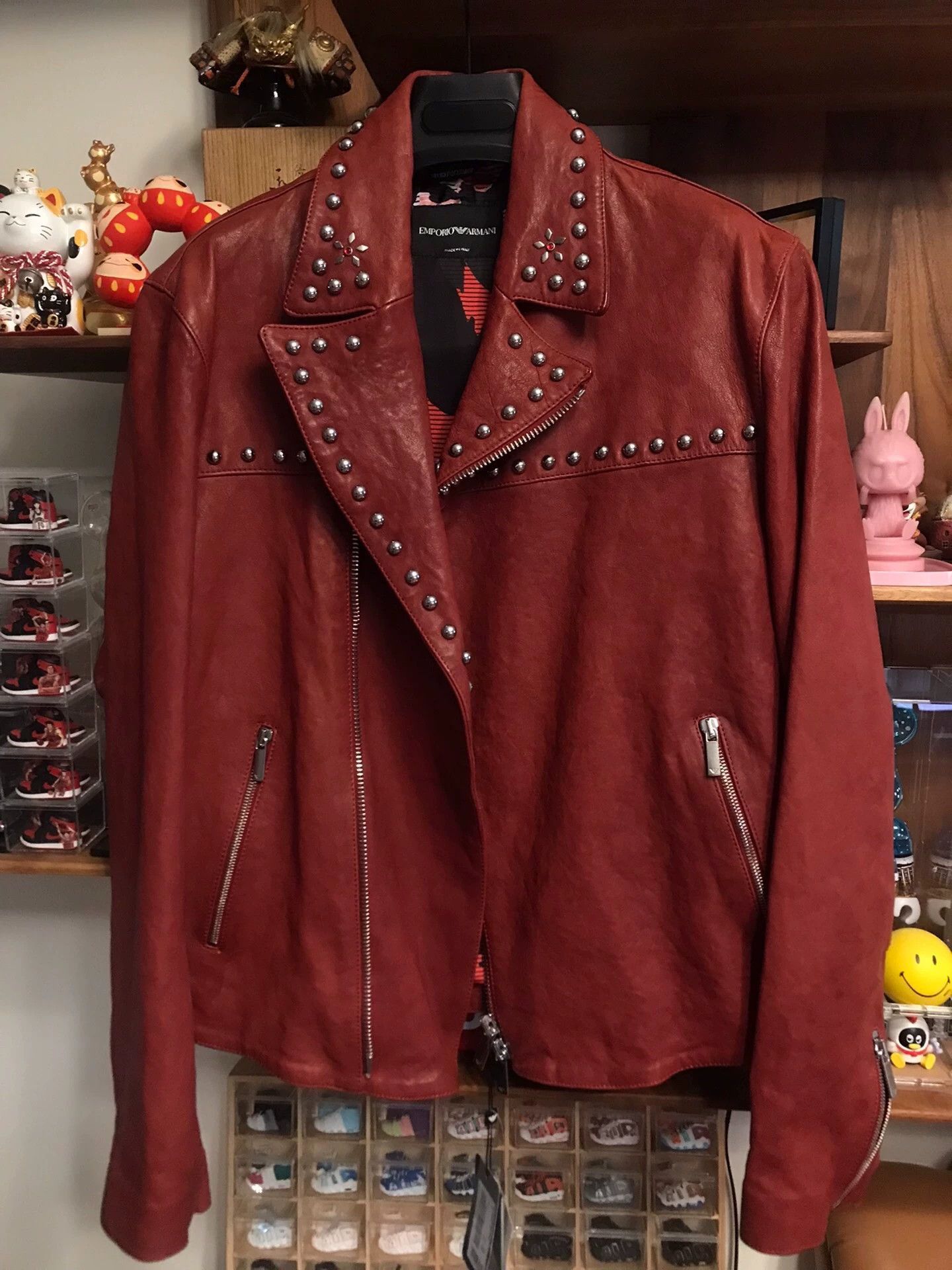 Emporio Armani Red Studded Leather Biker Jacket Size US M / EU 48-50 / 2 - 1 Thumbnail